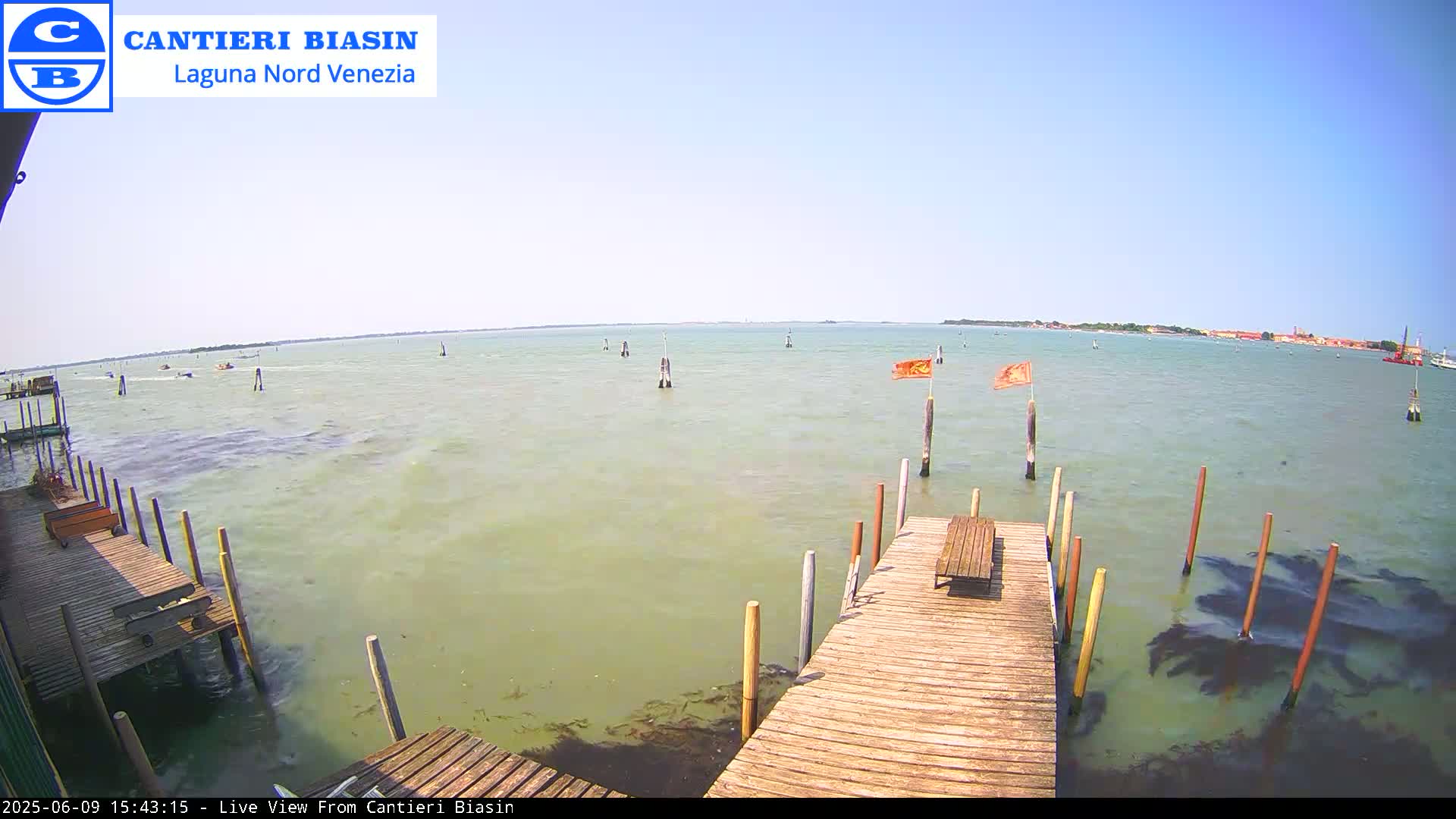 A wooden dock extends over calm, greenish water under a clear, sunny sky; in the distance, land and a few boats are visible.