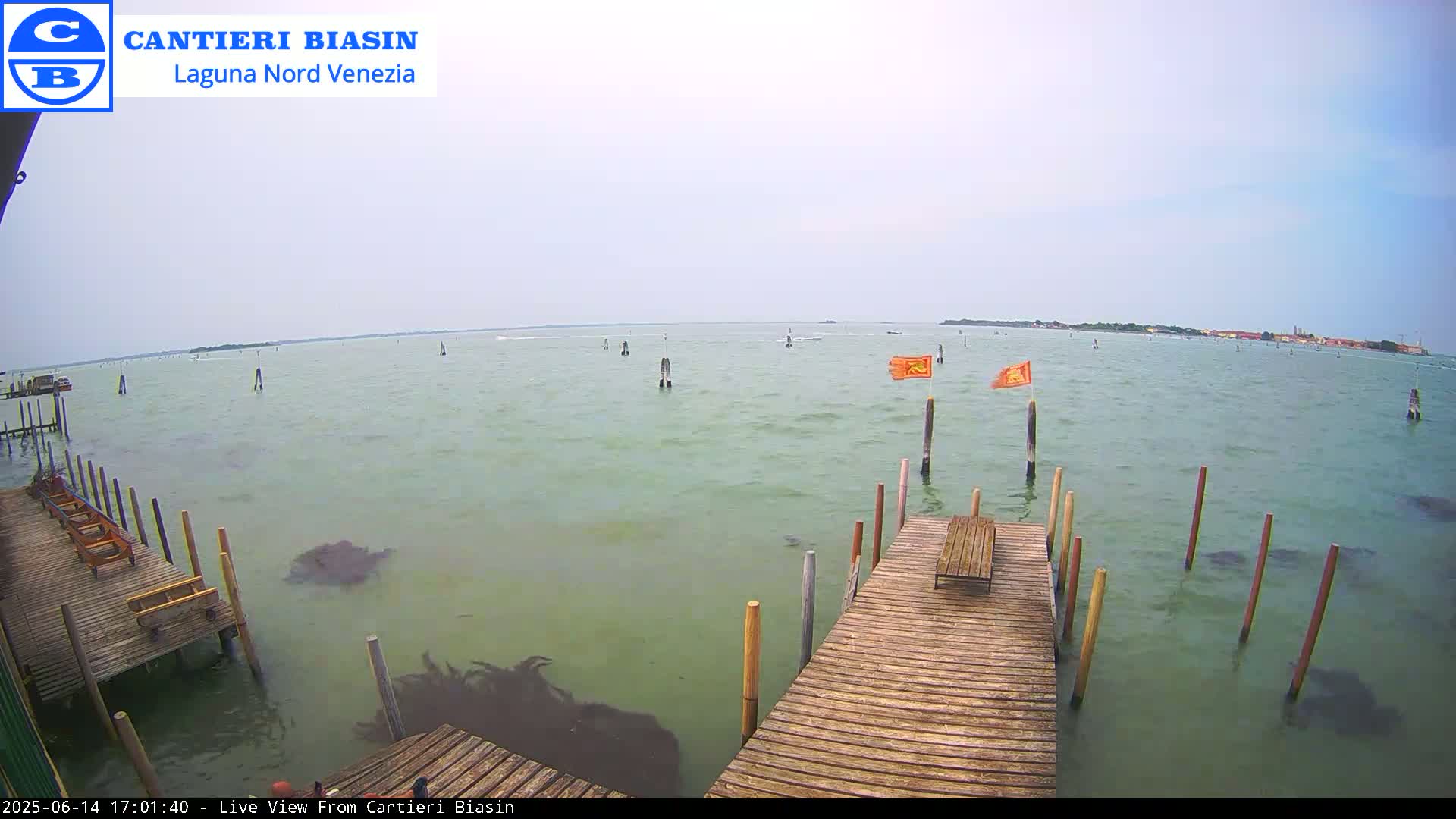 A wooden dock extends over calm, greenish water with several posts and orange flags visible in the distance under an overcast sky.