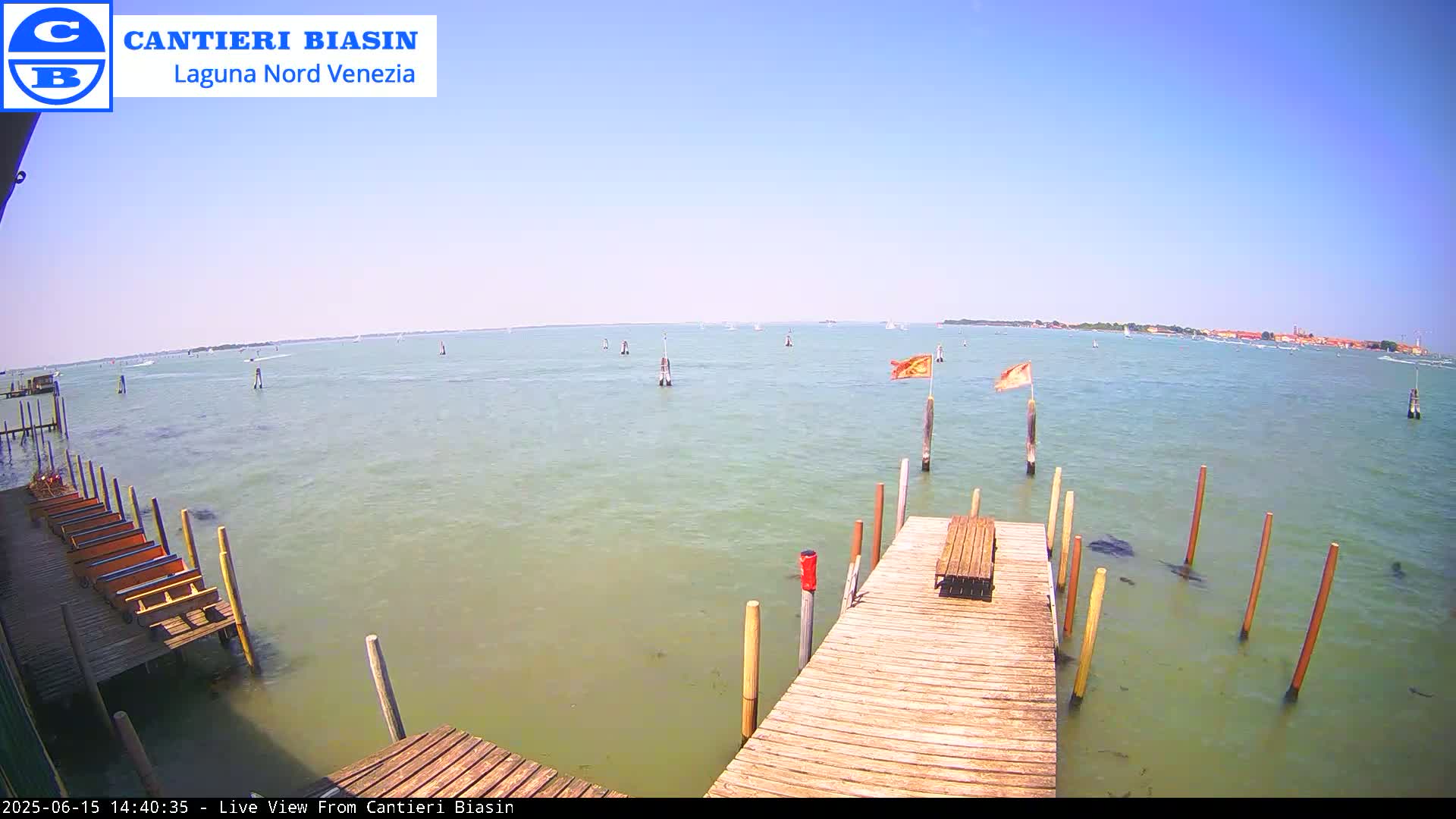 A wooden dock extends over calm, light-green water on a sunny day, with a distant landmass visible and several small boats scattered across the water.