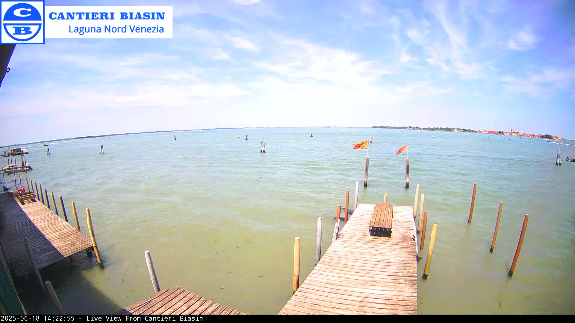 A wooden dock extends over calm, light green water towards a distant shoreline under a mostly sunny sky.