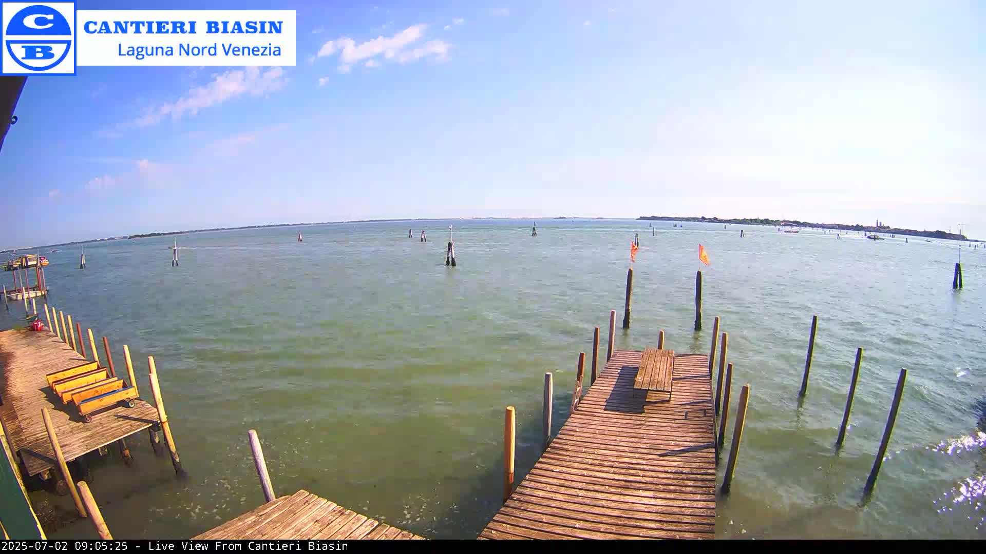 A wooden dock extends over calm, greenish-grey water under a mostly sunny sky, with distant land visible on the horizon.