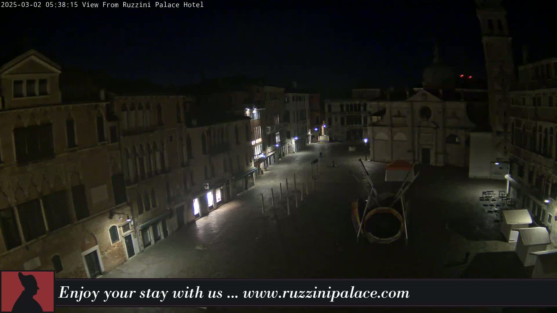 A nighttime, high-angle view of a mostly empty plaza in Venice, Italy, surrounded by old buildings, with some lights illuminating the scene.
