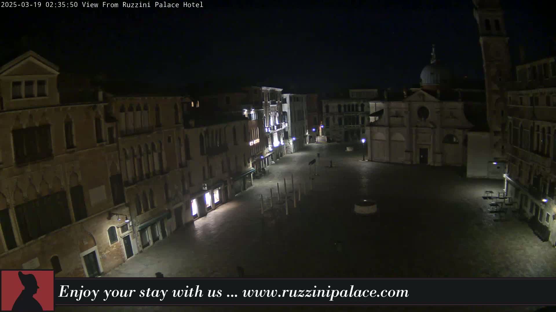 A nighttime, high-angle view of a mostly empty, cobblestone square in Venice, Italy, surrounded by ancient buildings, with a church visible in the center.