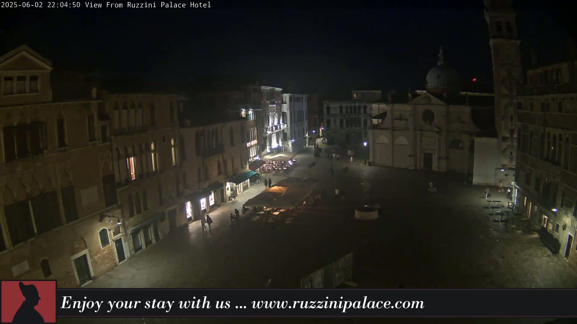 A nighttime, high-angle view of a dimly lit, mostly empty plaza in Venice, Italy, surrounded by old buildings.