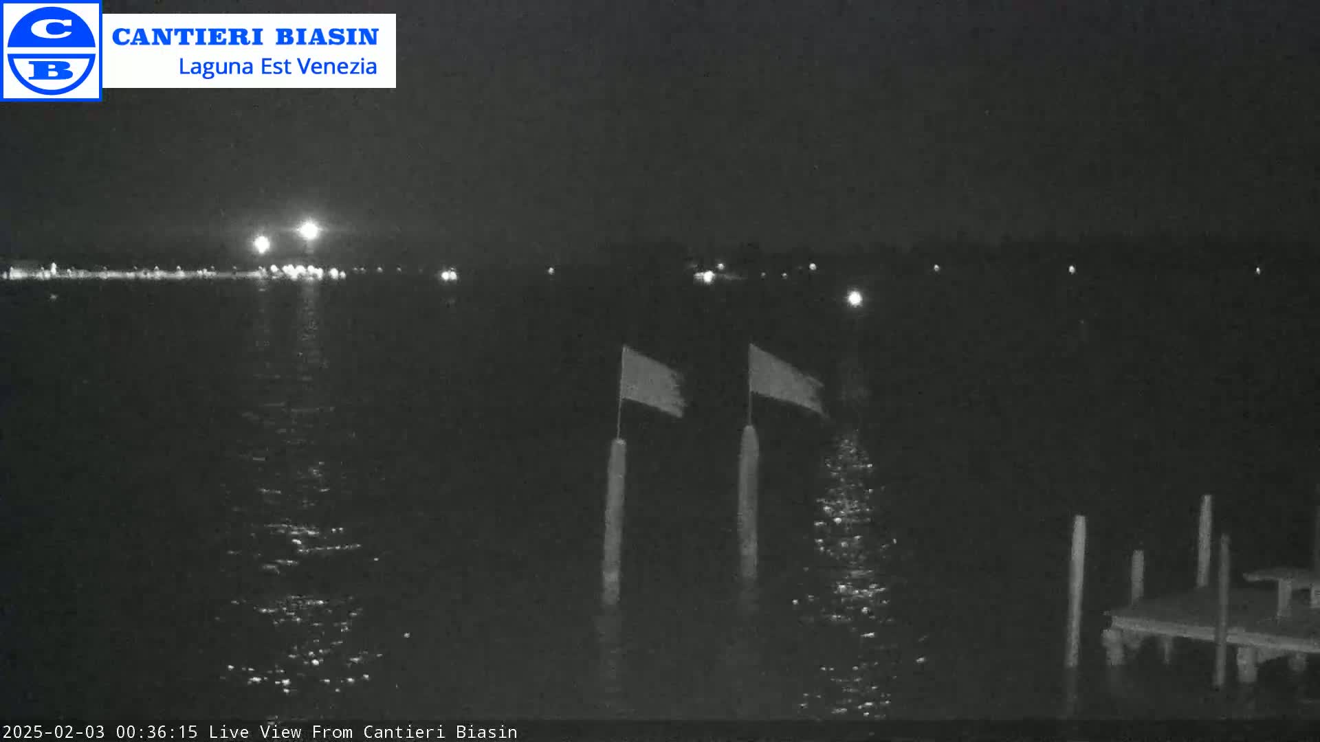 A nighttime view of a dark body of water with two flags on posts and a small dock in the foreground, under a mostly clear sky.
