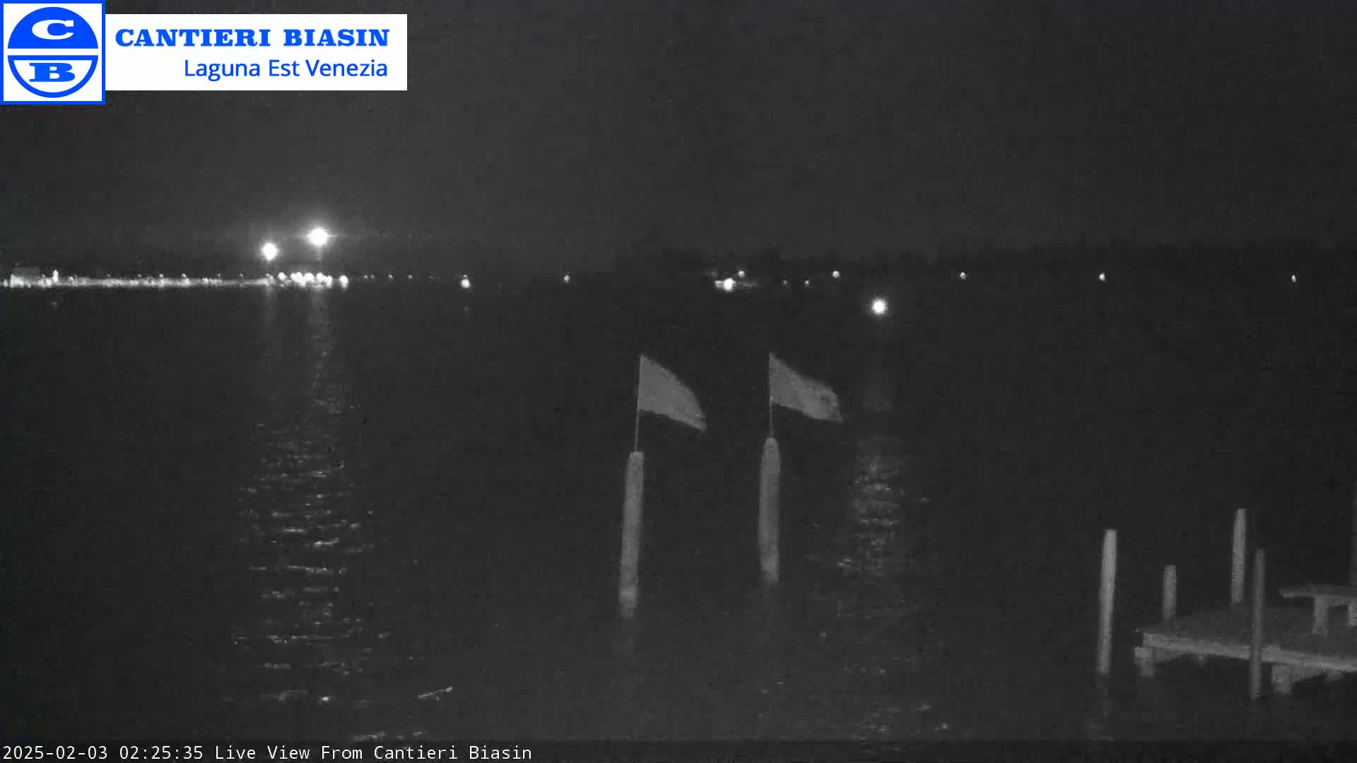 A nighttime view of calm water shows two flags on posts, a distant shoreline with lights, and a small dock.