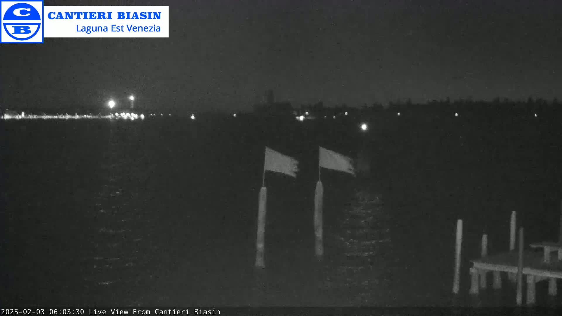 A nighttime view of a dark body of water with two flags on poles in the foreground and distant lights on the opposite shore.