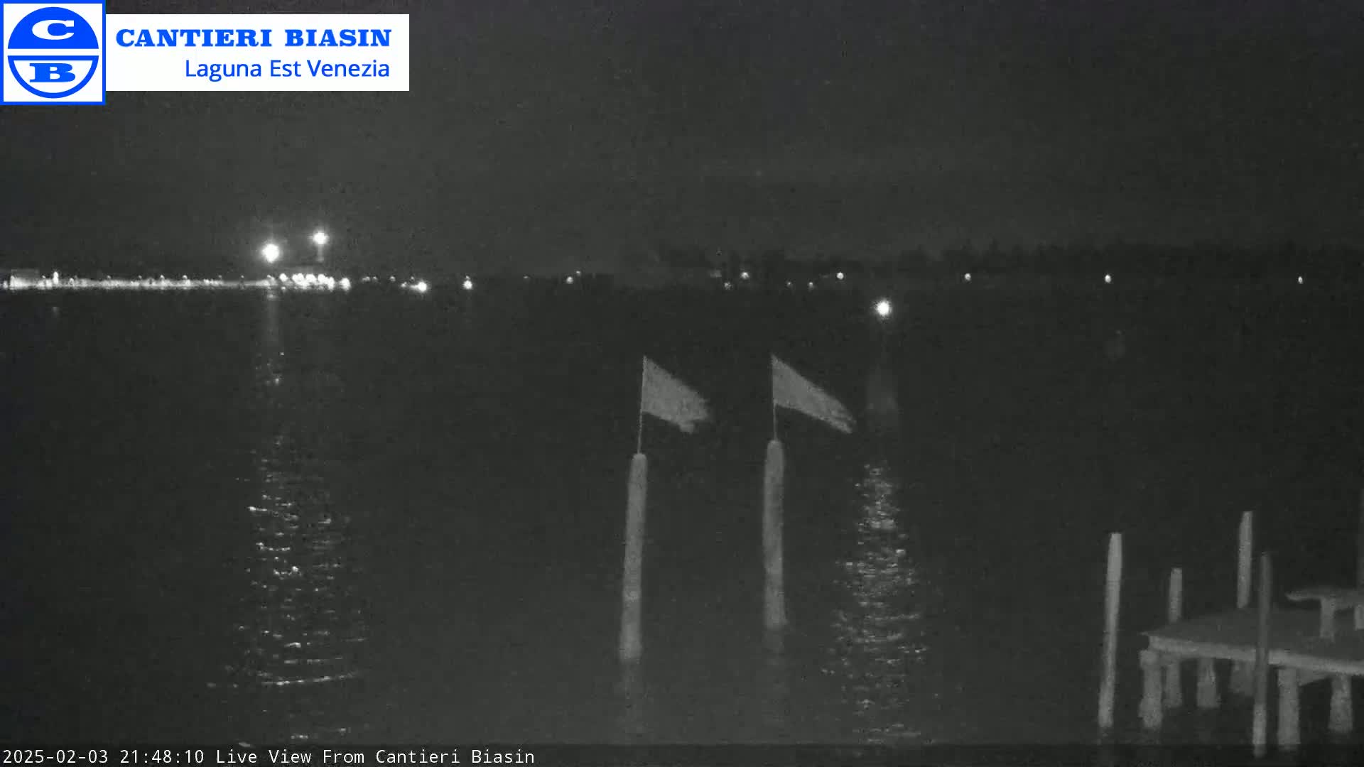 A nighttime view of calm water with two flags on poles and a dock in the foreground, under a dark sky.
