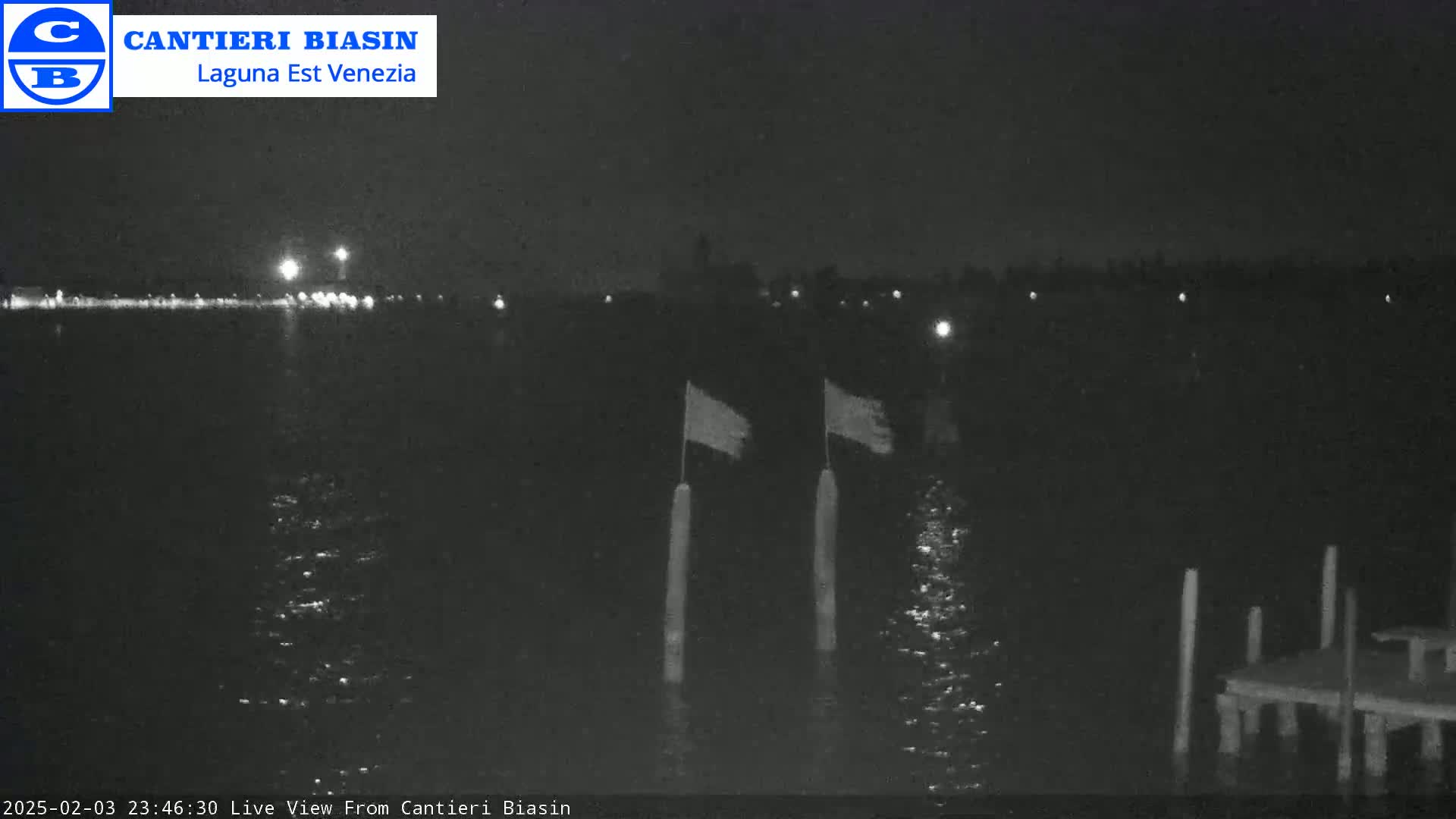 A nighttime view of a dark body of water with a distant shoreline showing faint lights, two flags on poles in the water, and a small dock to the right.