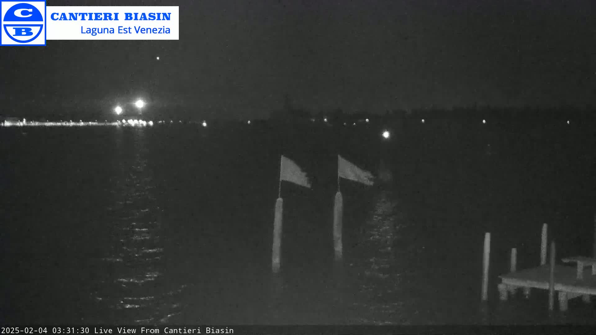 A nighttime view of a dark body of water with two flags on posts, a dock, and faint lights on the far shore.