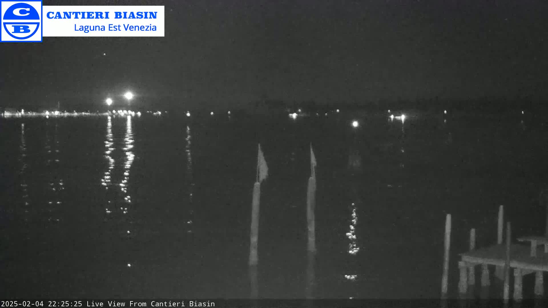 A nighttime view of a calm body of water with lights reflecting on the surface, a distant shoreline, and a small dock in the foreground.