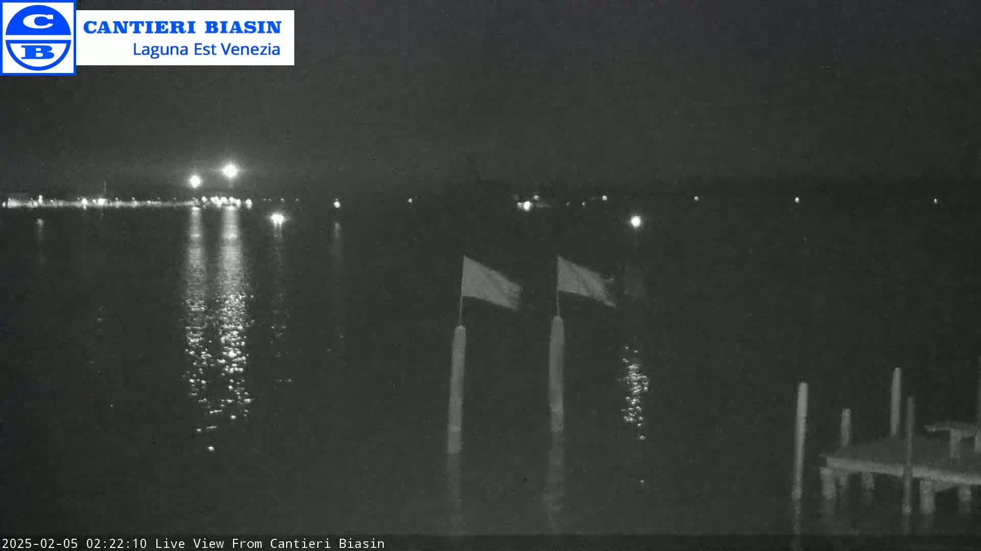 A nighttime view of a calm body of water with lights on the opposite shore, two flags on posts, and a dock in the foreground under a dark sky.