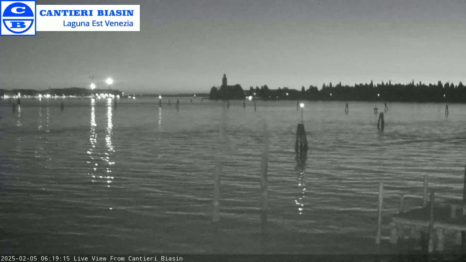 A nighttime view of calm water with several posts extending from the water and a distant shoreline with faint lights under a dusky sky.