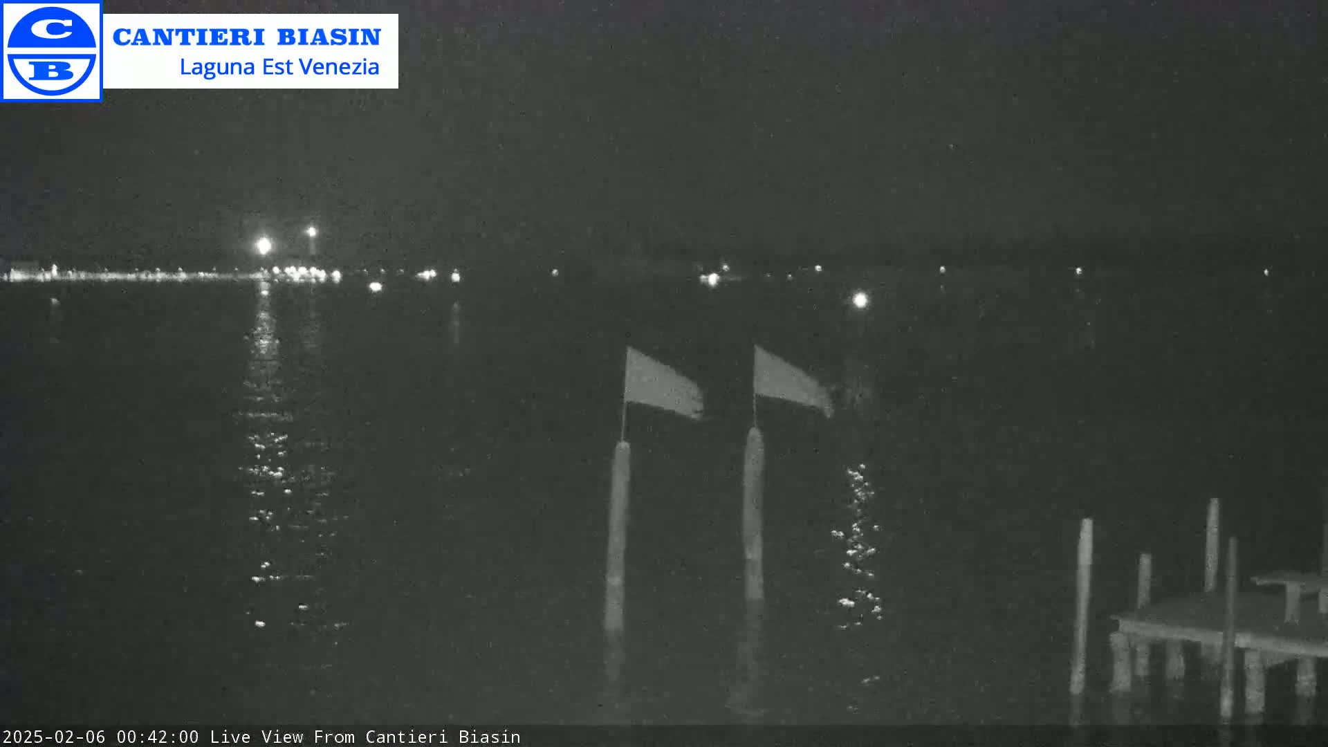 A nighttime view of calm water with a distant shoreline featuring lights, two flags on poles, and a small dock in the lower right corner.