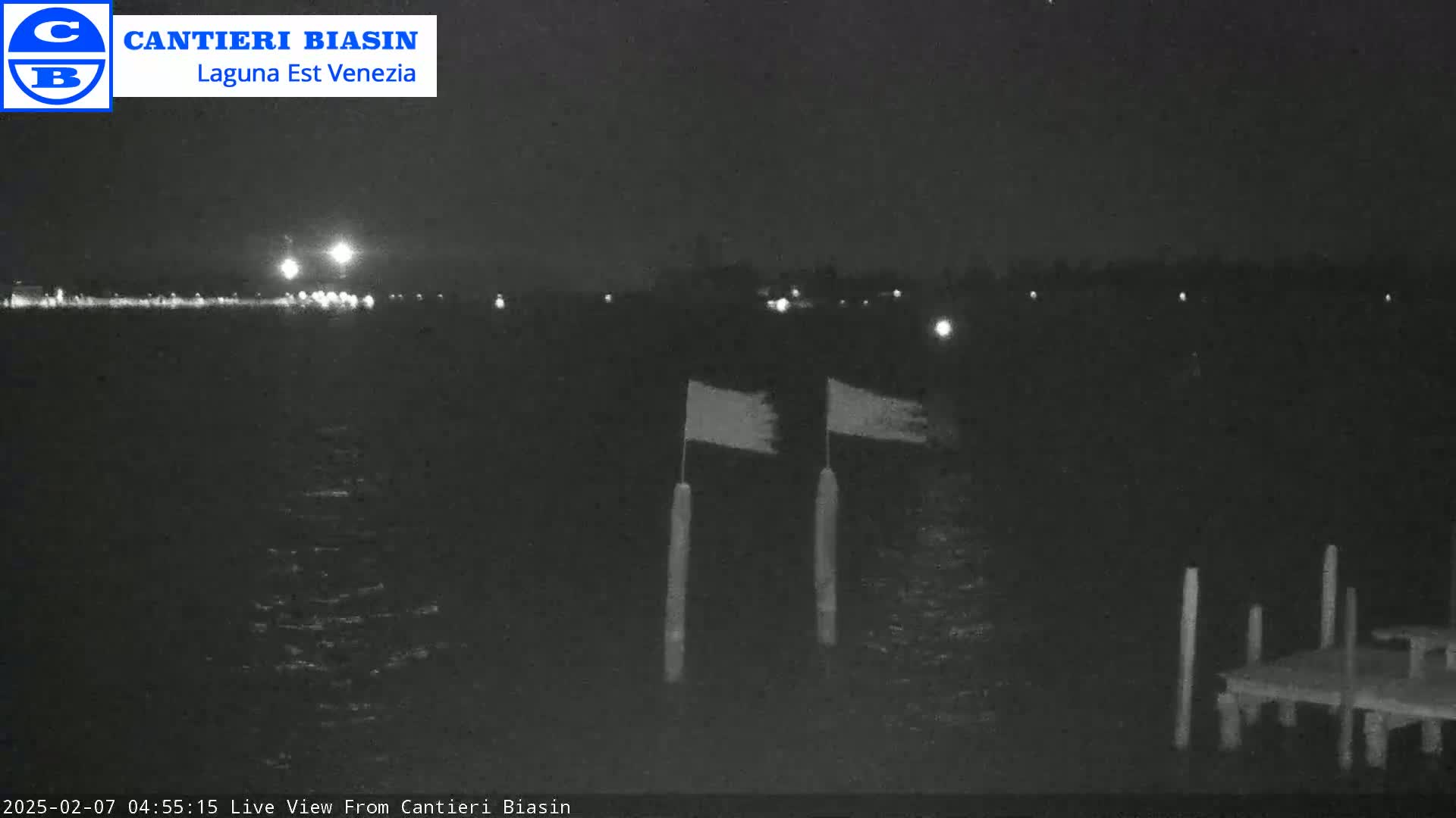 A nighttime view of calm water shows two flags on poles near a dock under a dark sky.