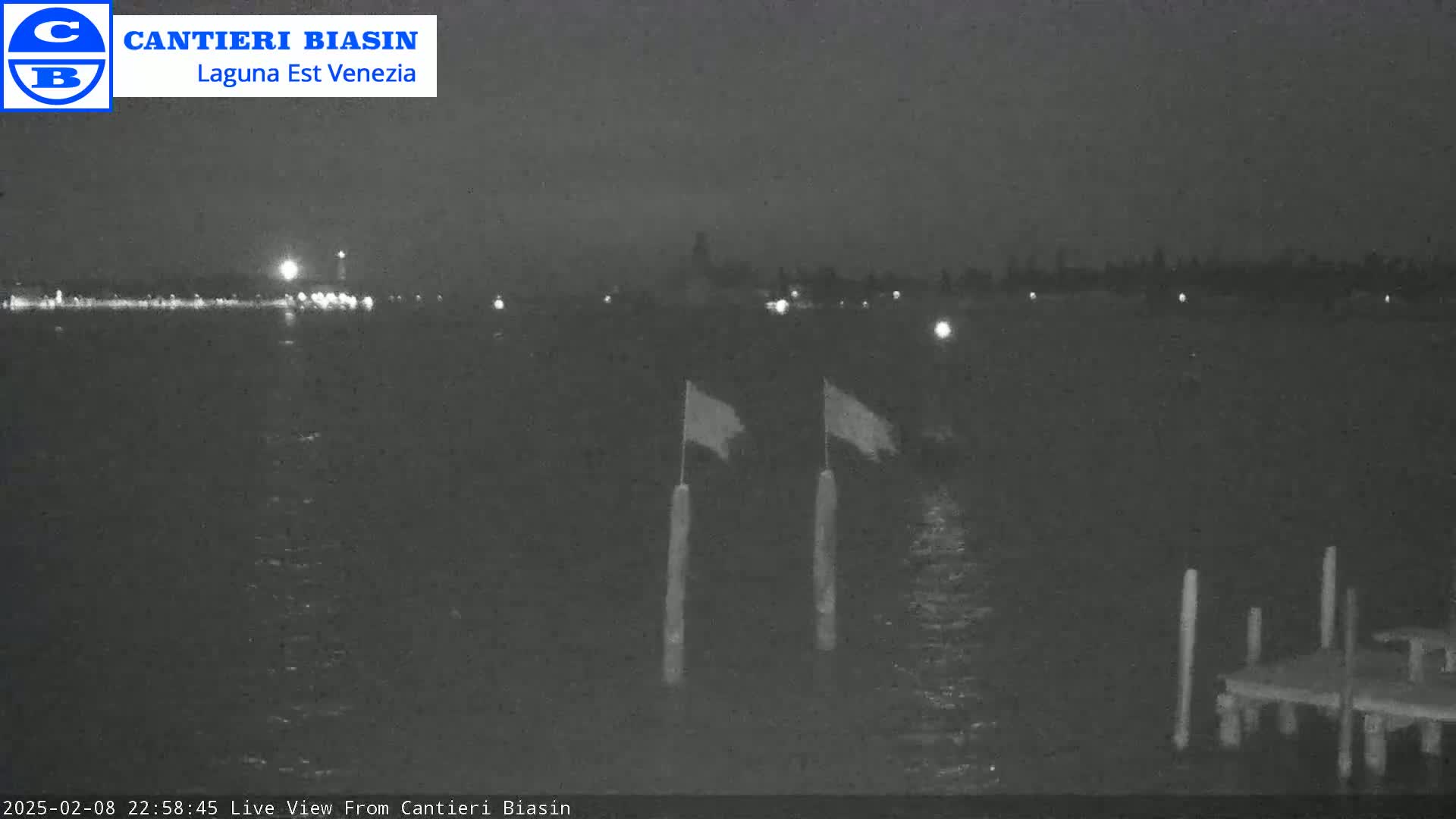 A nighttime, low-light view of a body of water shows a distant shoreline with faint lights, two flags on poles in the foreground, and a small dock to the lower right.