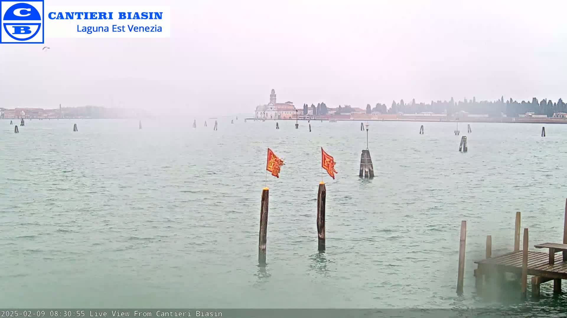 A hazy, overcast day shows a calm body of water with wooden posts and small orange flags, and a distant view of buildings on the horizon.