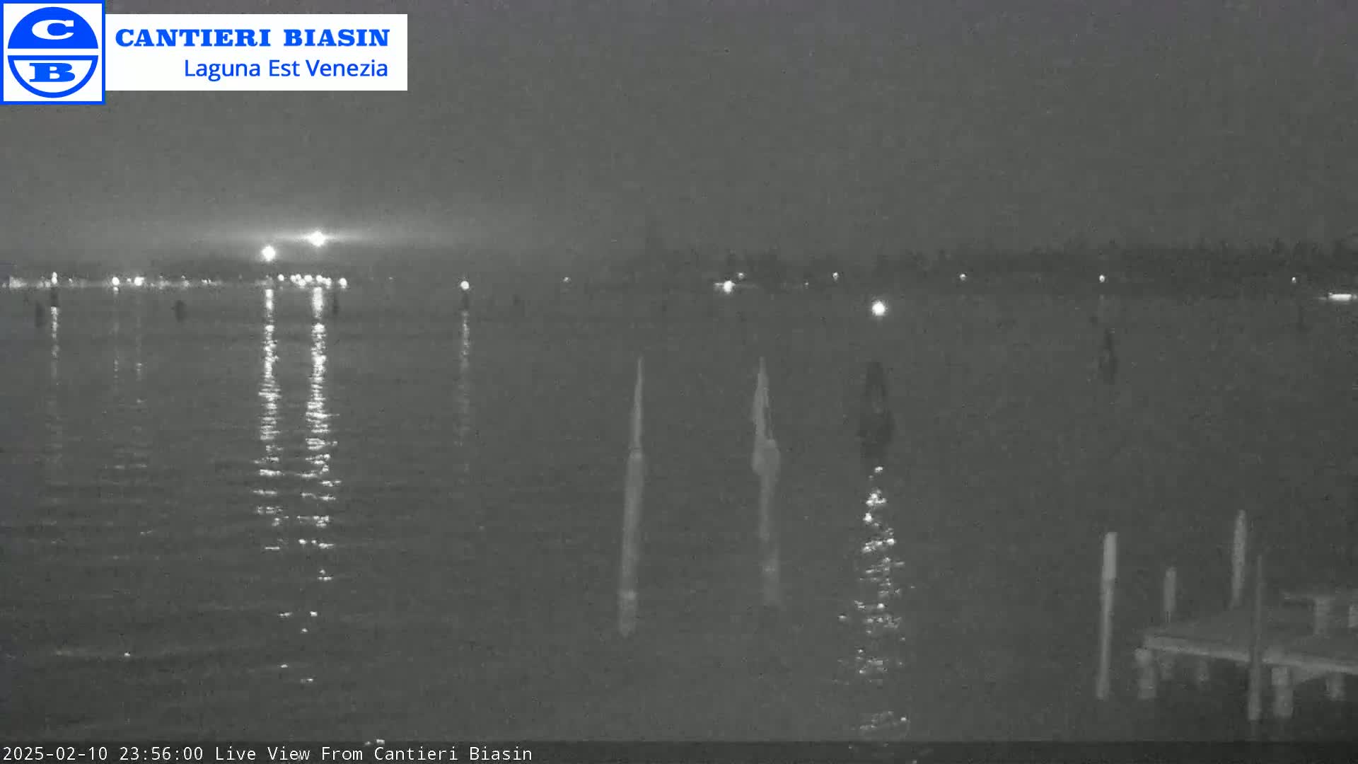 A nighttime, low-light view of calm water reflecting lights from a distant shoreline.