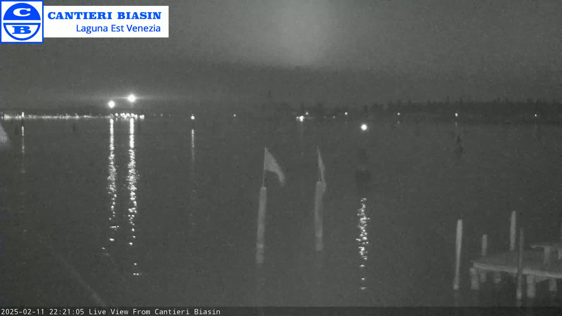 A nighttime view of a calm body of water reflecting distant lights, with several poles and flags visible in the foreground under a dark sky.