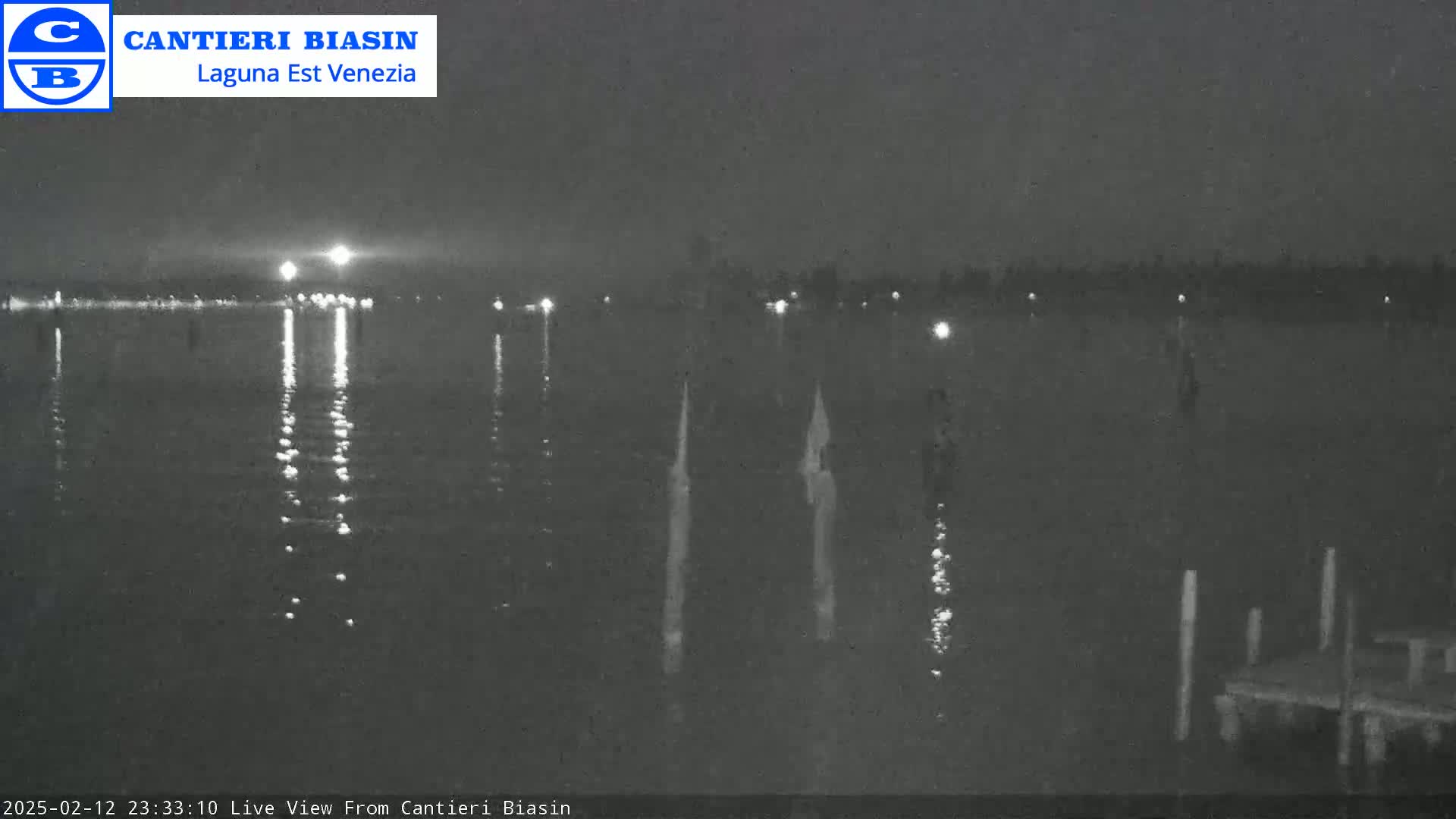 A nighttime view of a calm body of water reflecting lights from the distant shore under a clear sky.