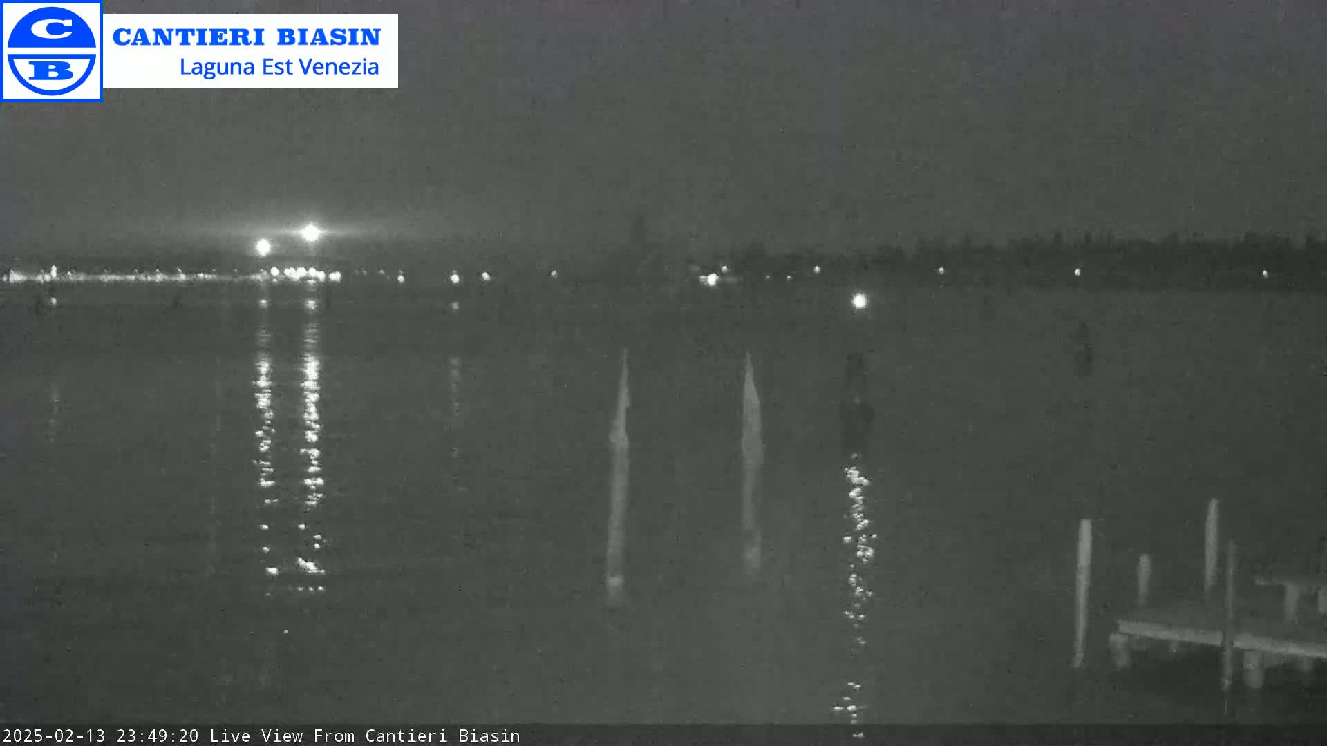 A nighttime view of a calm body of water with lights in the distance and two vertical objects in the foreground.