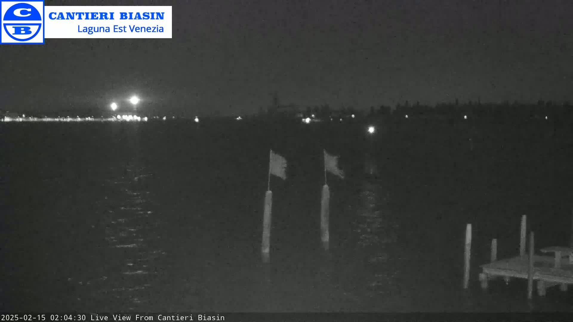 A nighttime, low-light view of a calm body of water with two flags on posts in the foreground and a distant shoreline with faint lights.