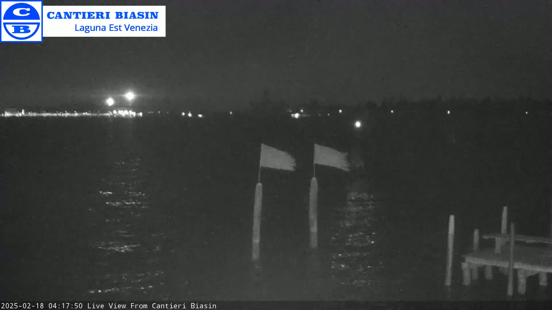 A nighttime view of a dark body of water with two flags on posts, a distant shoreline with lights, and a small dock in the foreground.