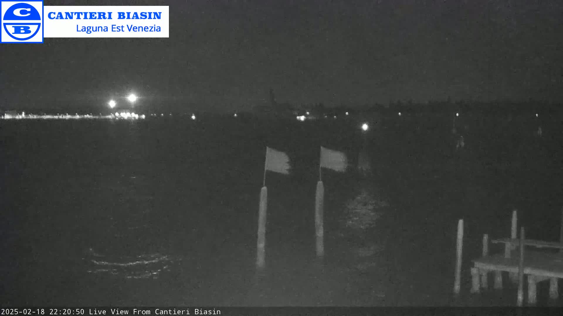 A nighttime view of calm water with two flags on posts near a small dock, and lights visible in the distance.