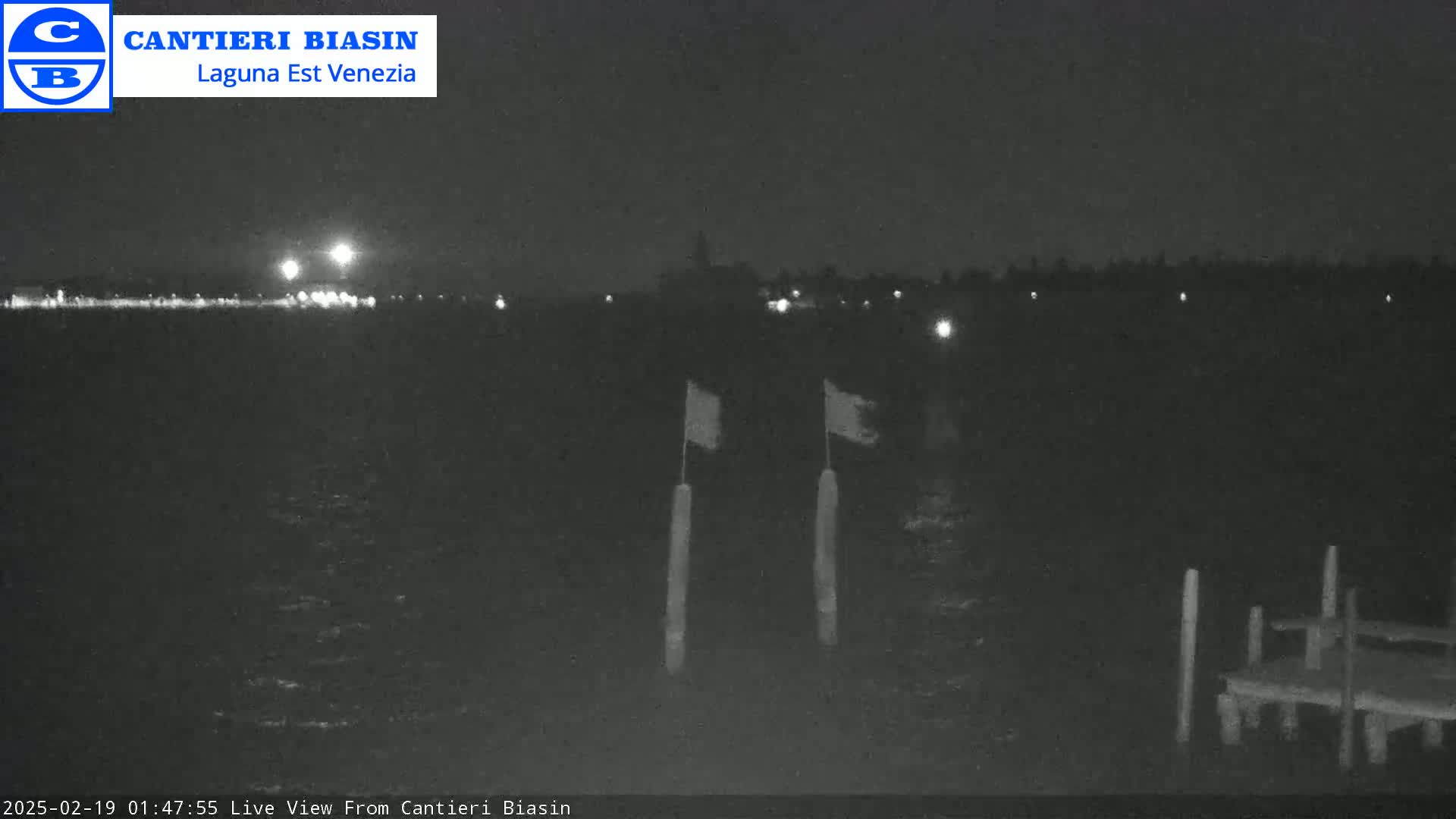 A nighttime view of dark water with a distant shoreline showing faint lights, two small flags on posts in the foreground, and a small dock to the right.