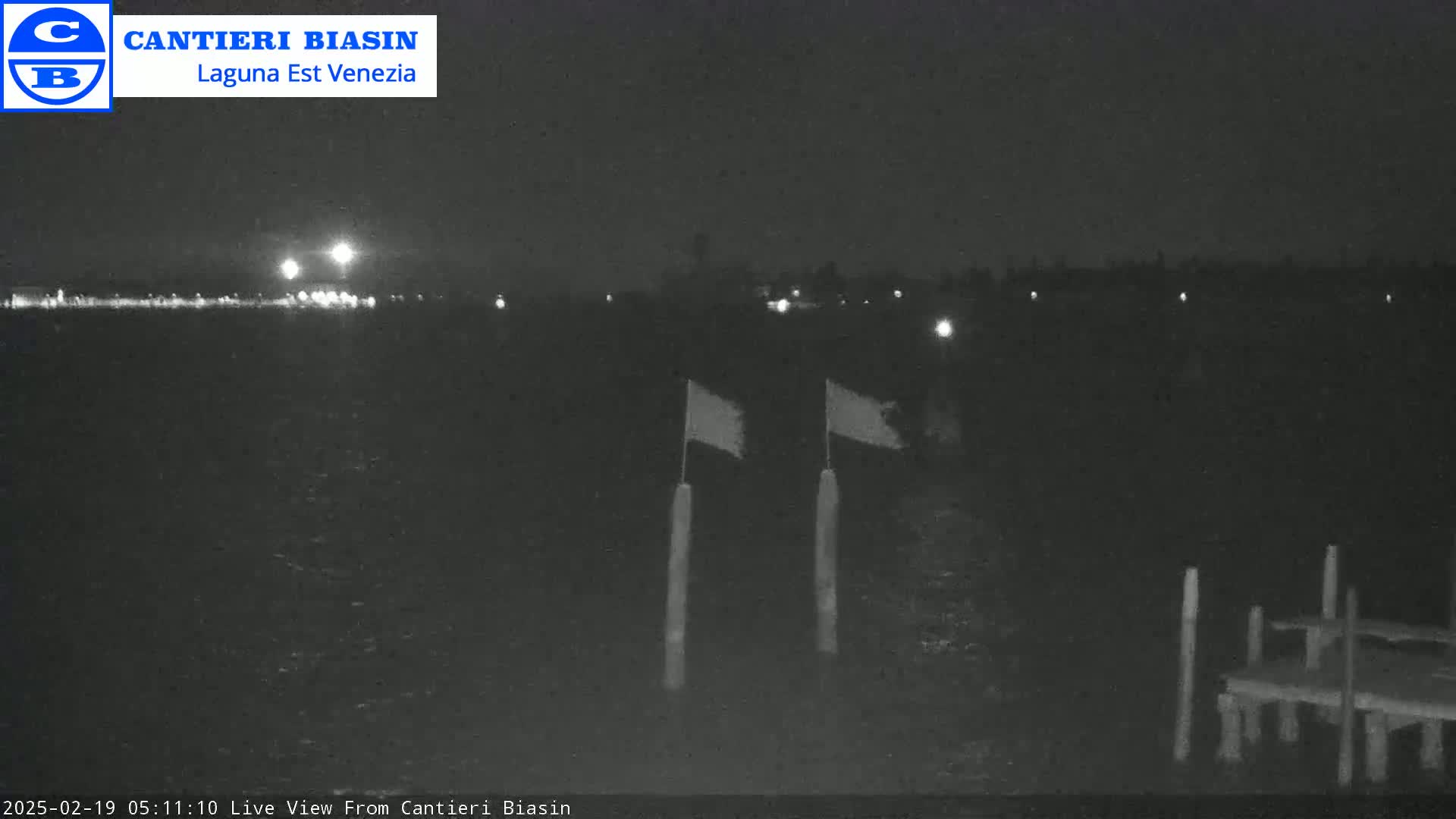 A nighttime, low-light view of a dark body of water with two flags on poles and a distant shoreline illuminated by faint lights.