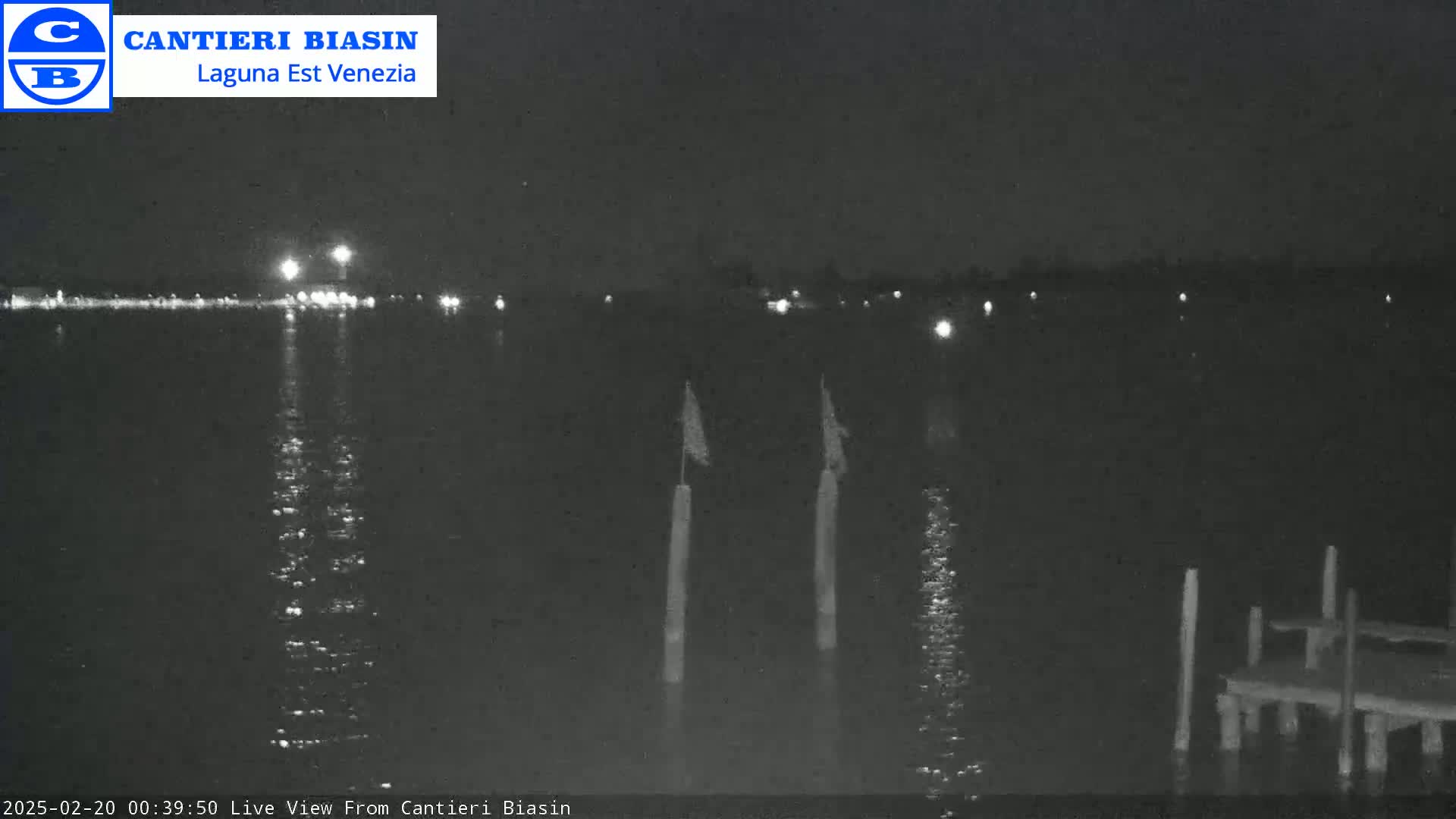 A nighttime view of a calm body of water with lights on the far shore, two posts with flags, and a small dock in the foreground.