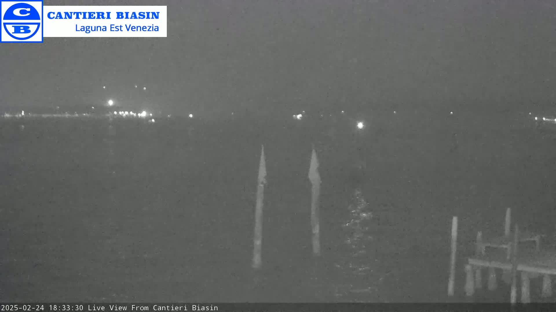 A nighttime view of a dark body of water with lights in the distance and two tall, thin posts in the foreground.