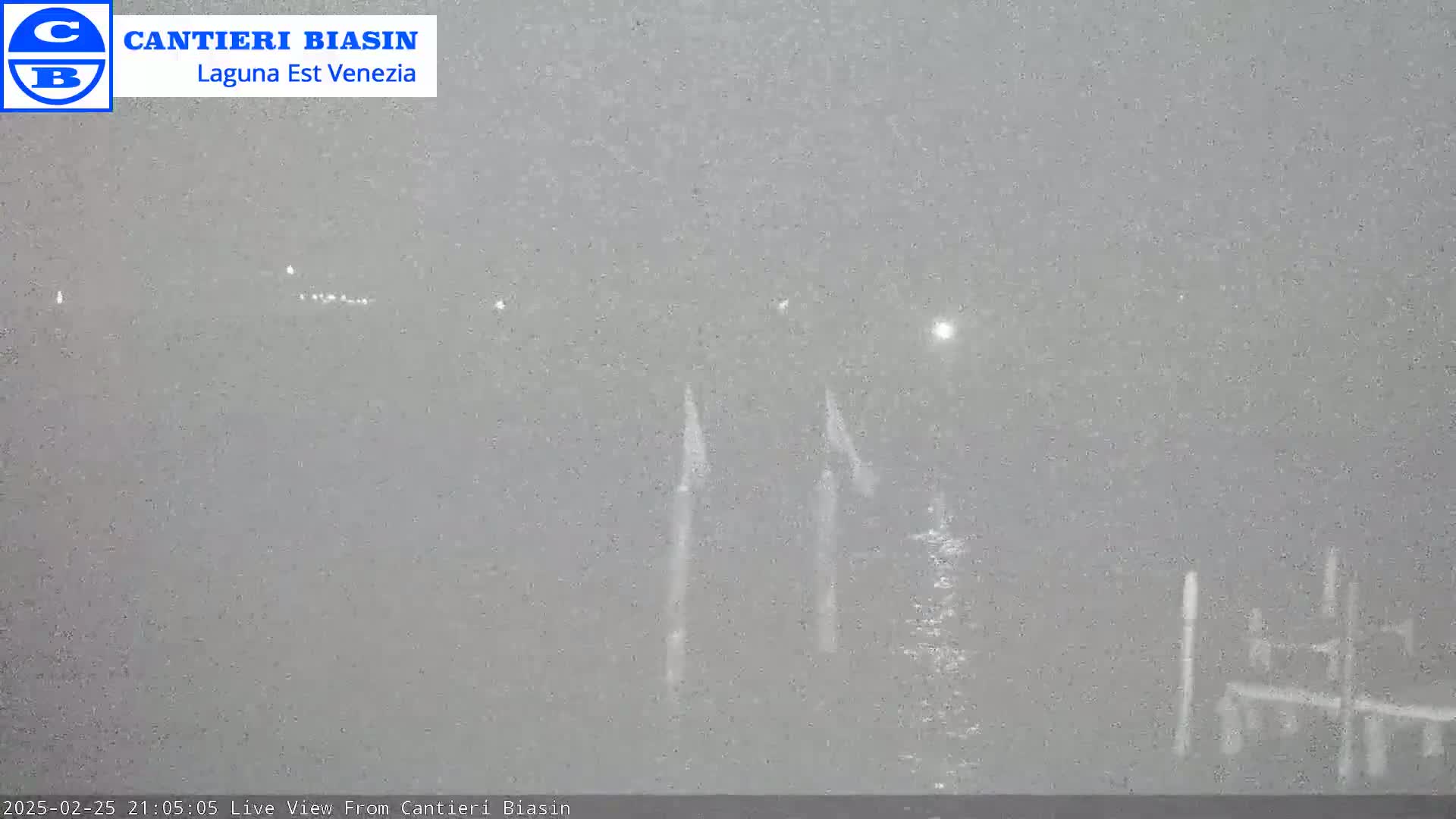 A nighttime, hazy view of a body of water with several poles or pilings extending from the shore.