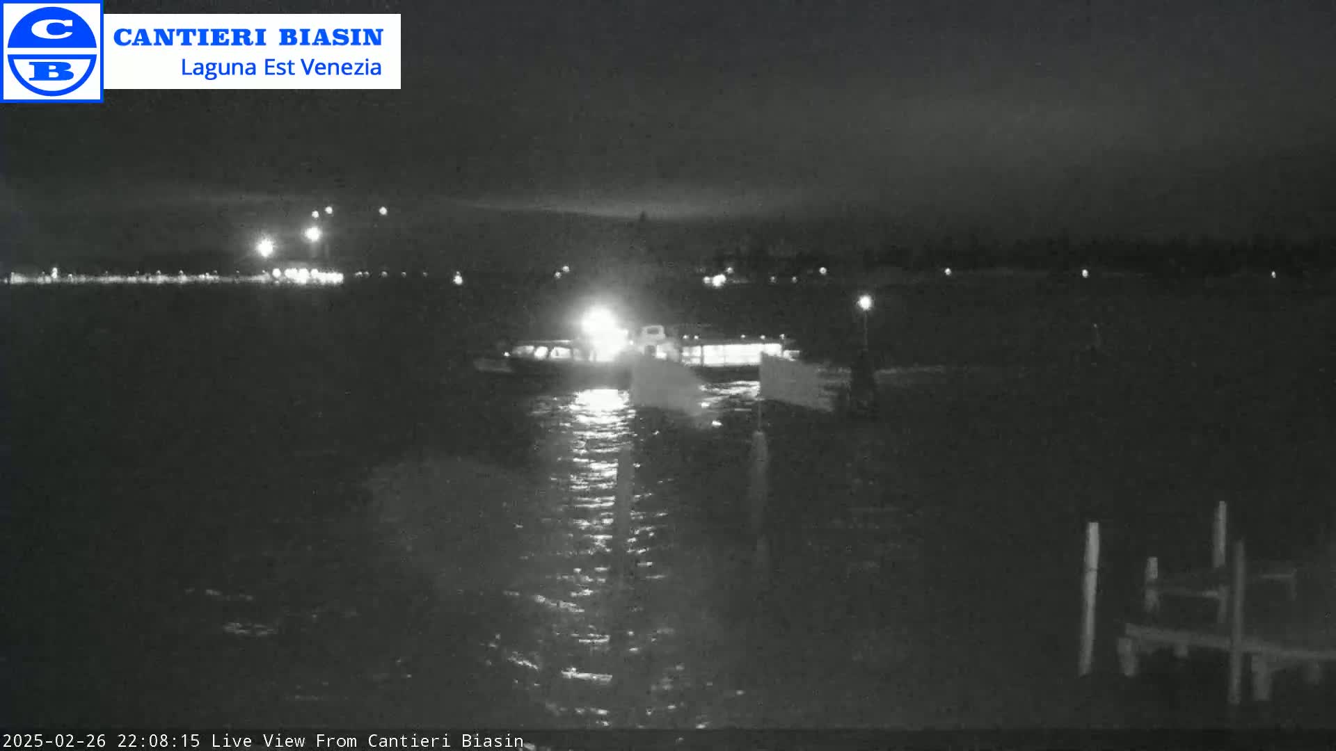 A nighttime view of a boat on dark water near a dock under a cloudy sky.