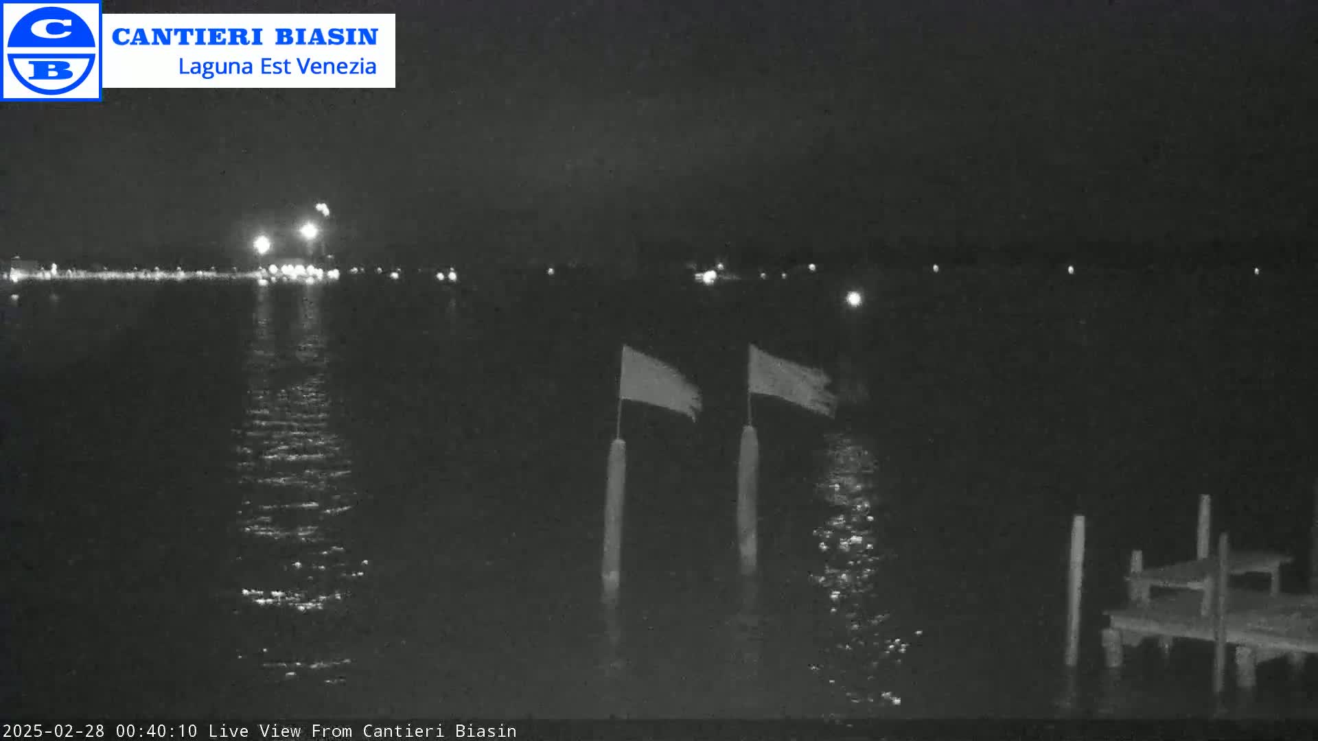 A nighttime view of a calm body of water with two flags waving gently on posts near a small dock, and lights visible in the distance across the water.