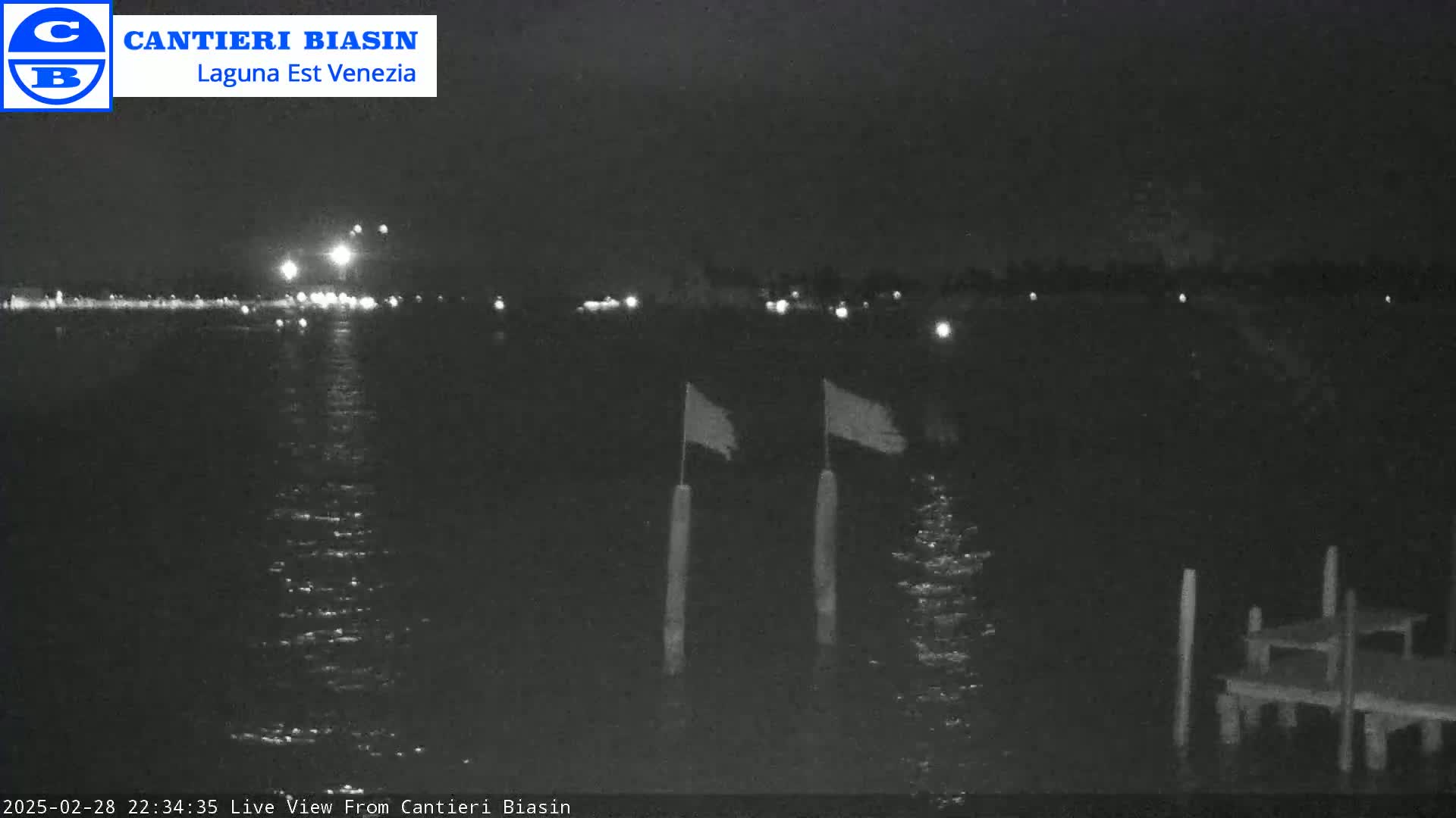 A nighttime view of calm water shows two flags on poles near a small dock with a distant shoreline dimly lit.