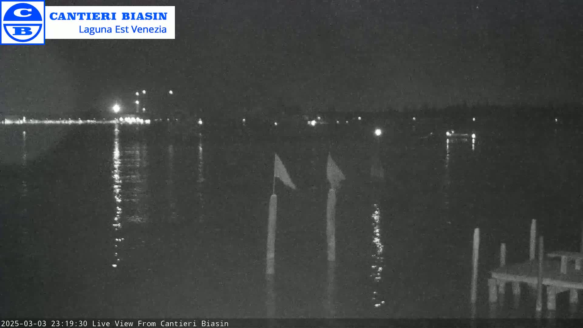 A nighttime view of a calm body of water with lights on the far shore, two flags on poles in the foreground, and a dock to the lower right.