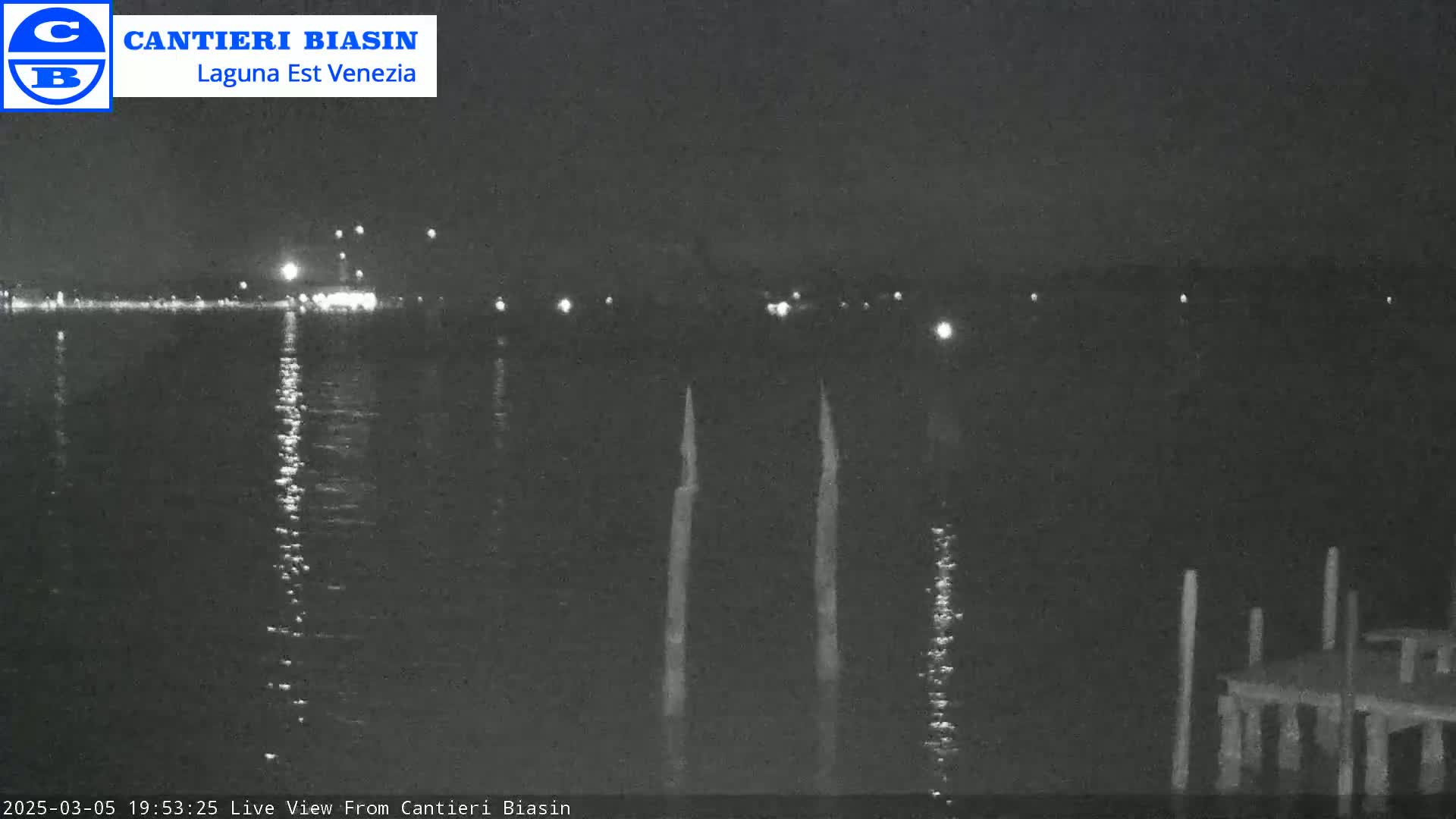A nighttime view of a calm body of water with a few lights visible on the far shore and some pilings in the foreground.