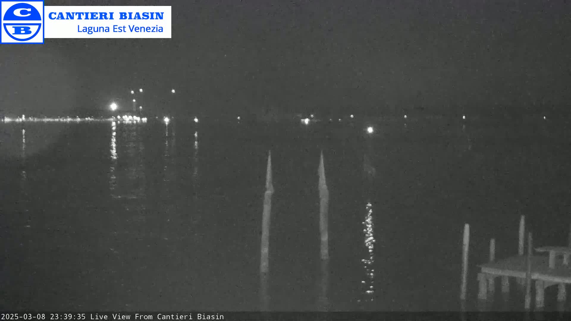 A nighttime view of a calm body of water with lights visible in the distance and two tall, thin posts in the foreground.