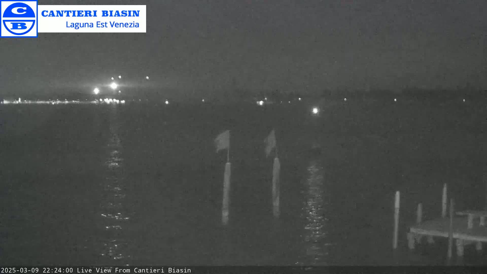 A nighttime view of a dark body of water with faint lights on the horizon and a small dock in the foreground.