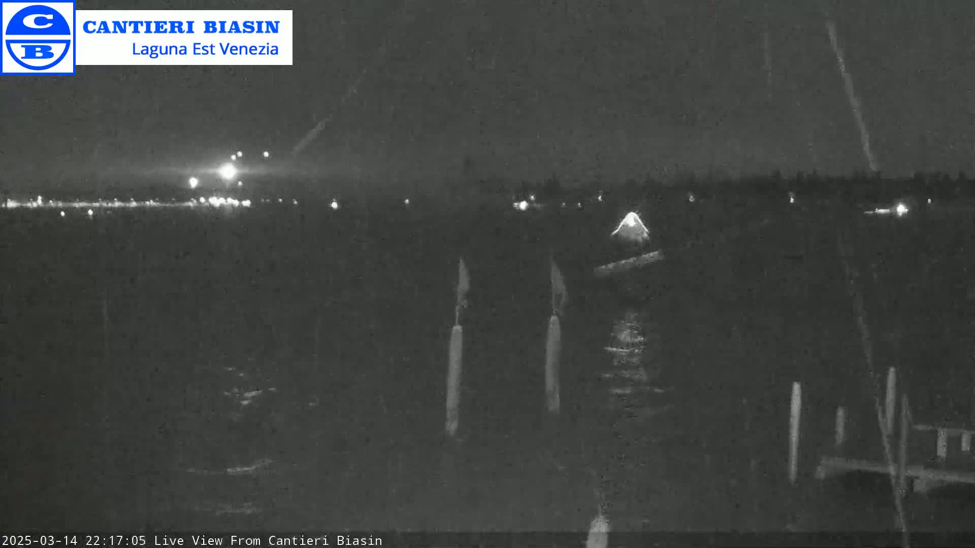A nighttime view of a dark body of water with several poles sticking out of the water and a dimly lit shoreline in the distance.
