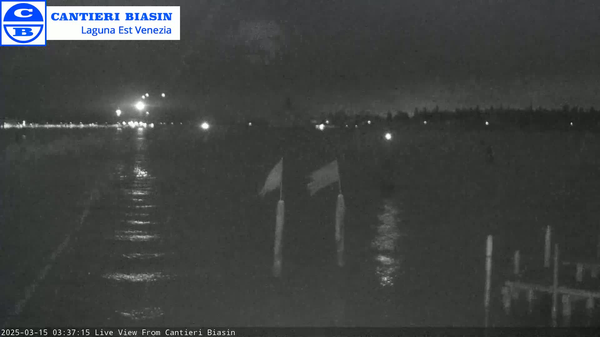 A nighttime view of a calm body of water with a few lights visible in the distance and two flags on poles in the foreground.
