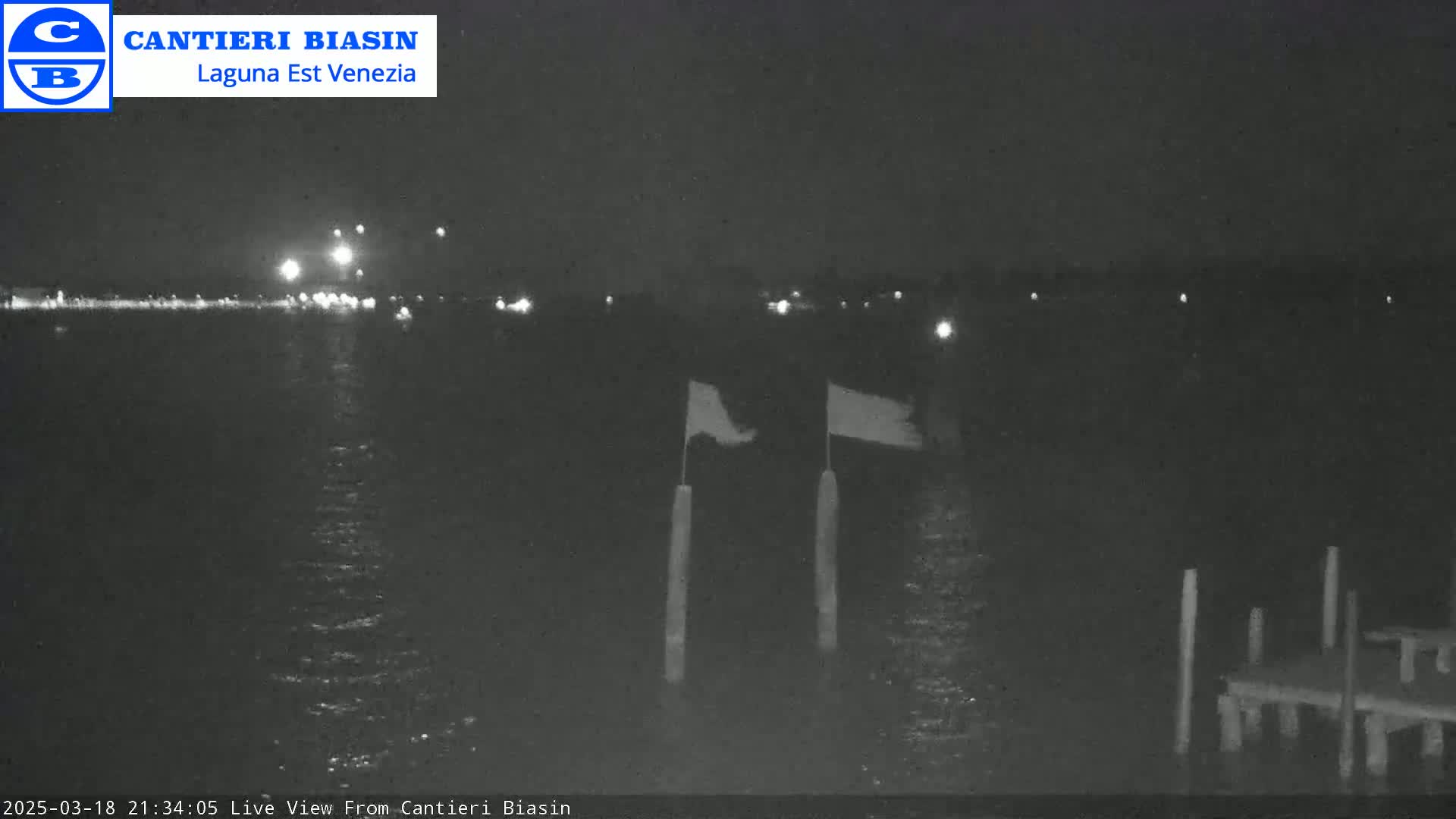 A nighttime view of calm water with two flags waving gently near a dock, with lights visible in the distance across the water.