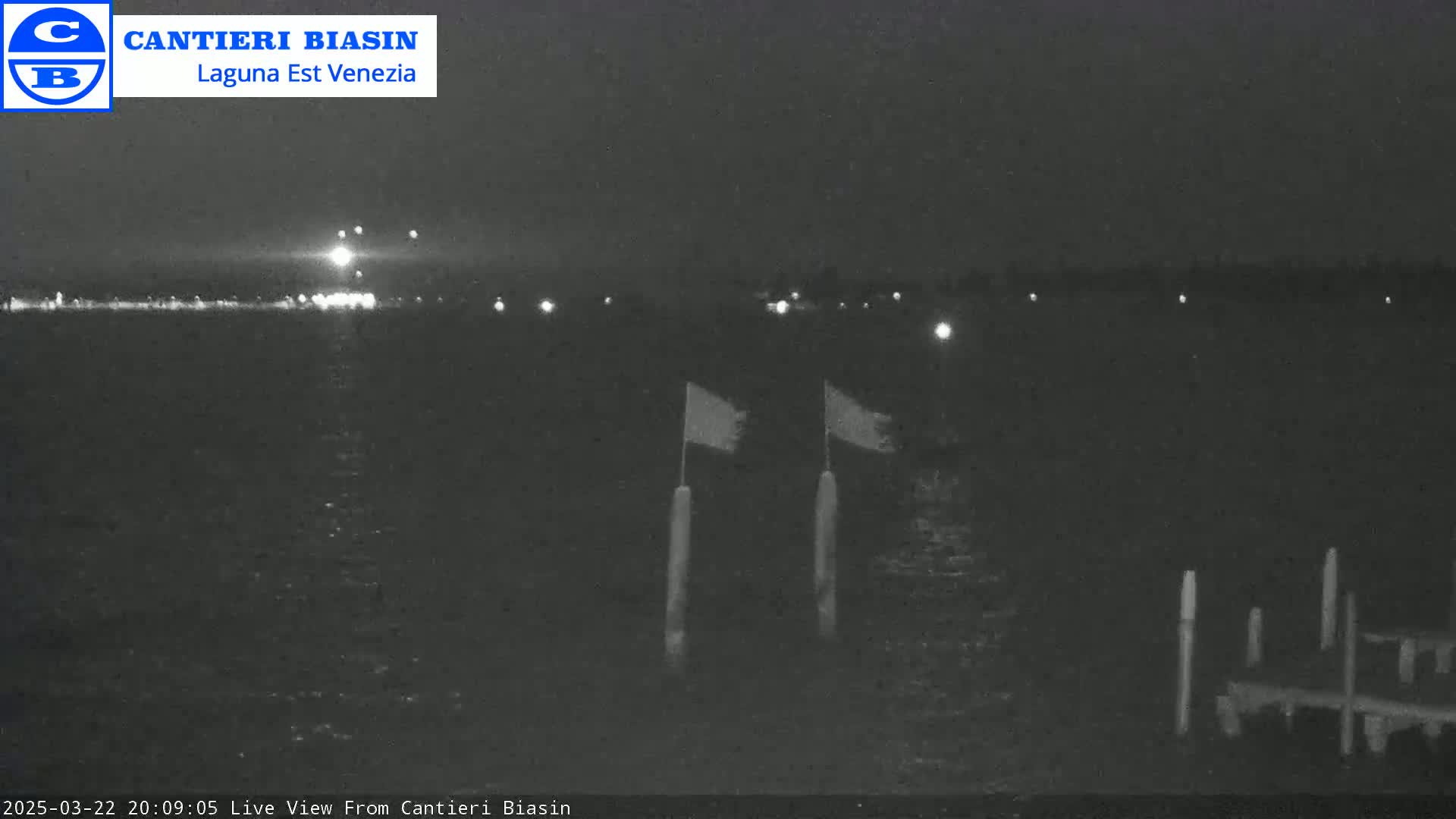 A nighttime view of a dark body of water with a distant shoreline illuminated by lights, two flags on posts in the foreground, and a dock to the right.