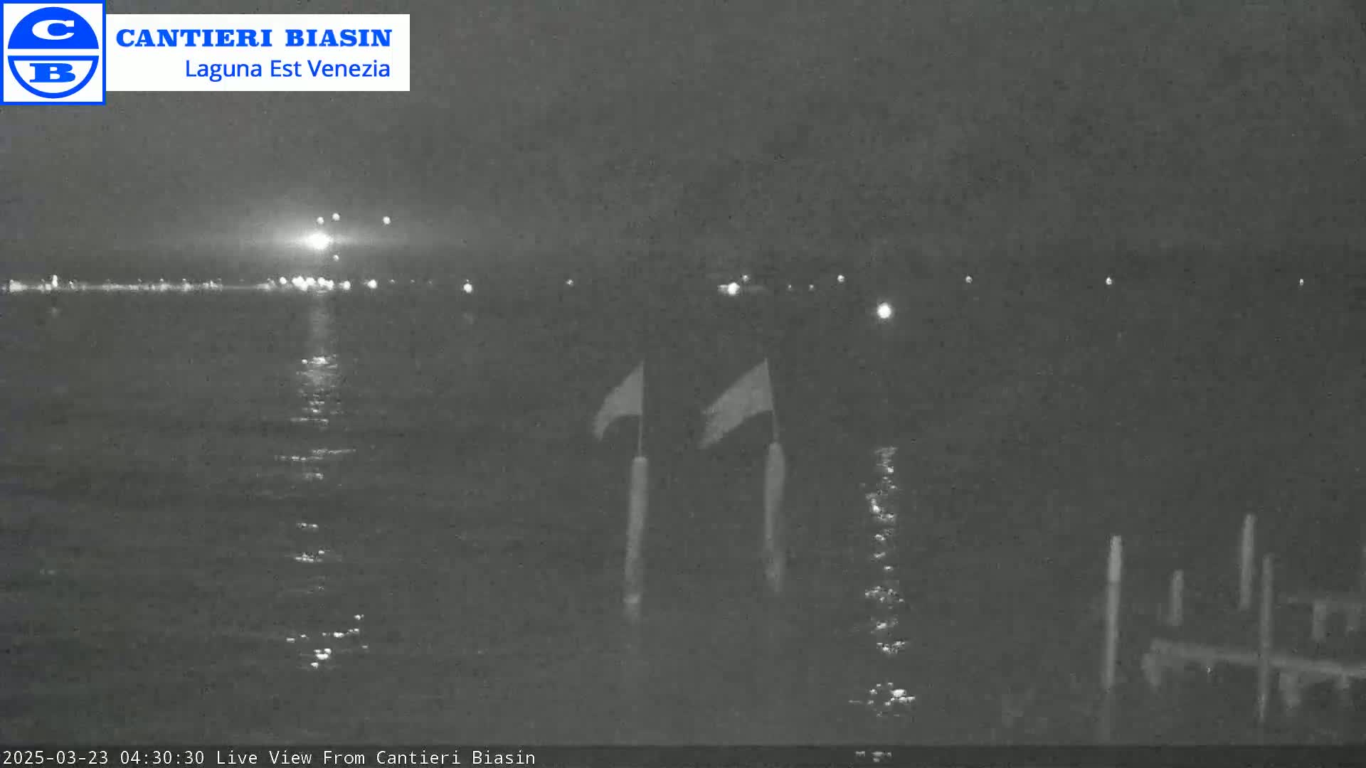 A nighttime view of a body of water with lights visible in the distance, two flags on posts in the foreground, and a calm surface.
