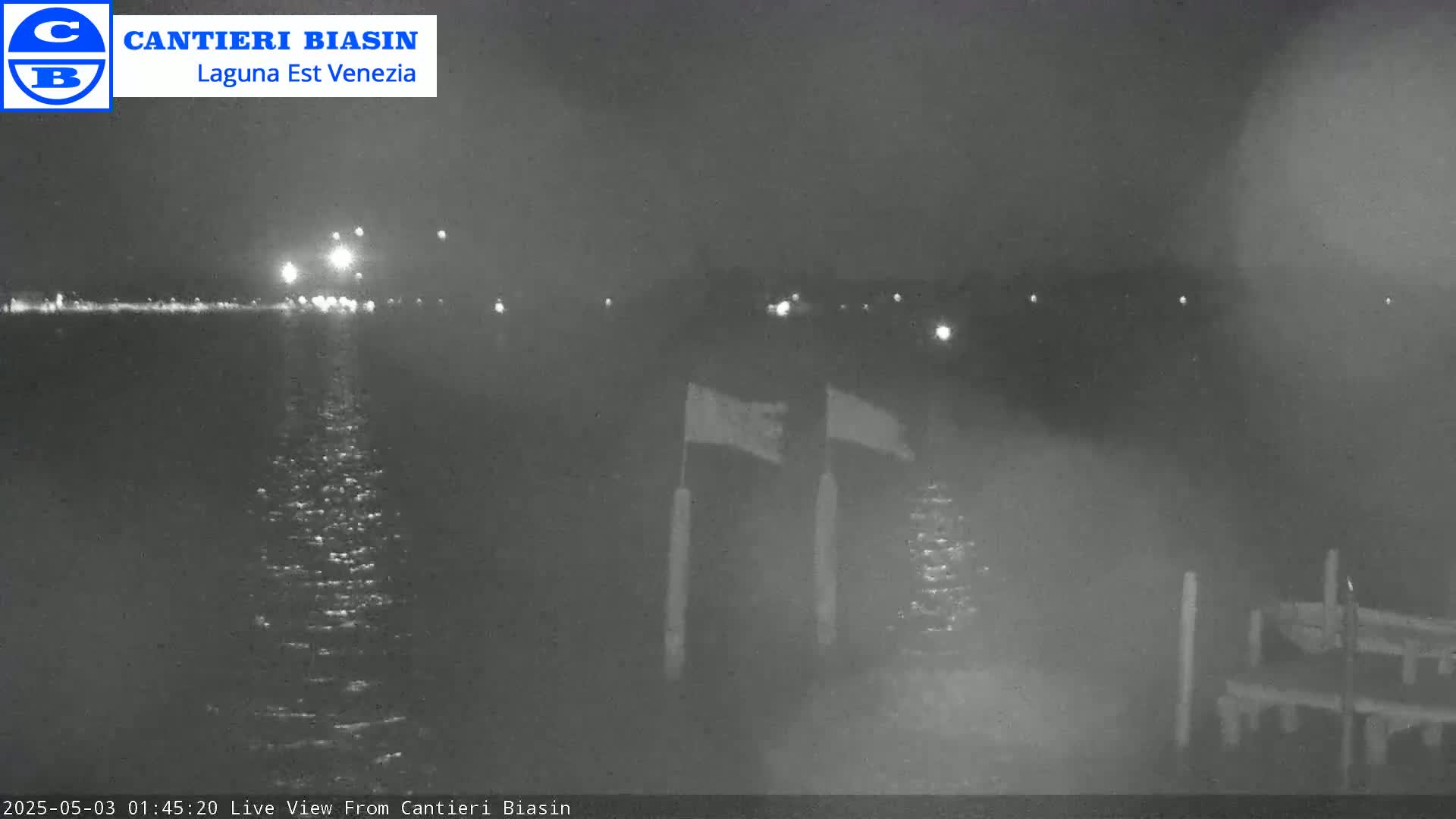 A nighttime, hazy view of a calm body of water with lights visible in the distance and two flags on poles in the foreground.