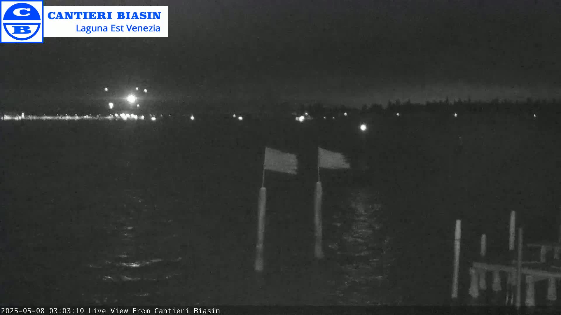 A nighttime view of dark water with two small flags on posts in the foreground and a line of distant lights across the water.