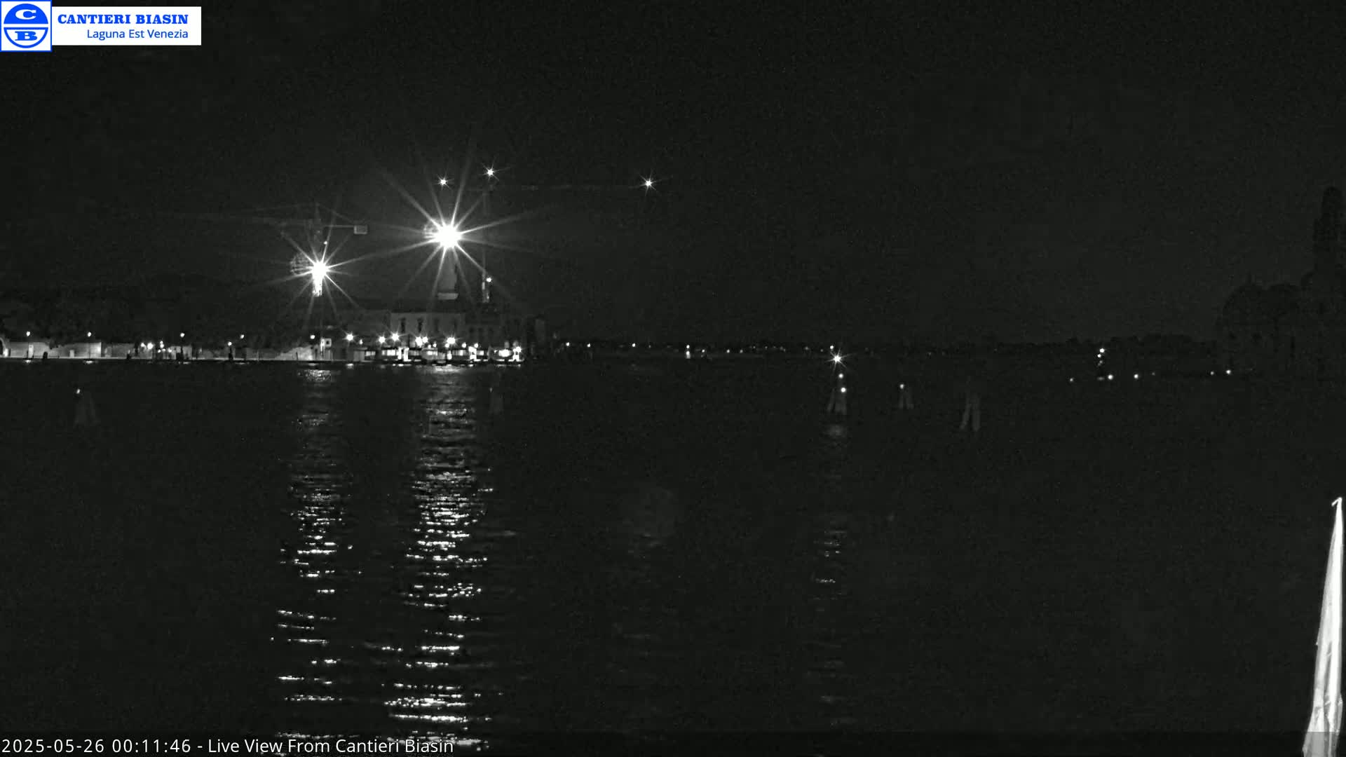 A nighttime, low-light view of a body of water with a distant cityscape illuminated by lights.