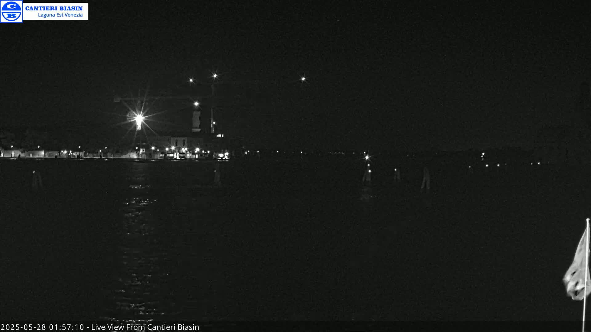 A nighttime, low-light view of a waterfront area with several lights visible along a shoreline and in the distance, over dark water.