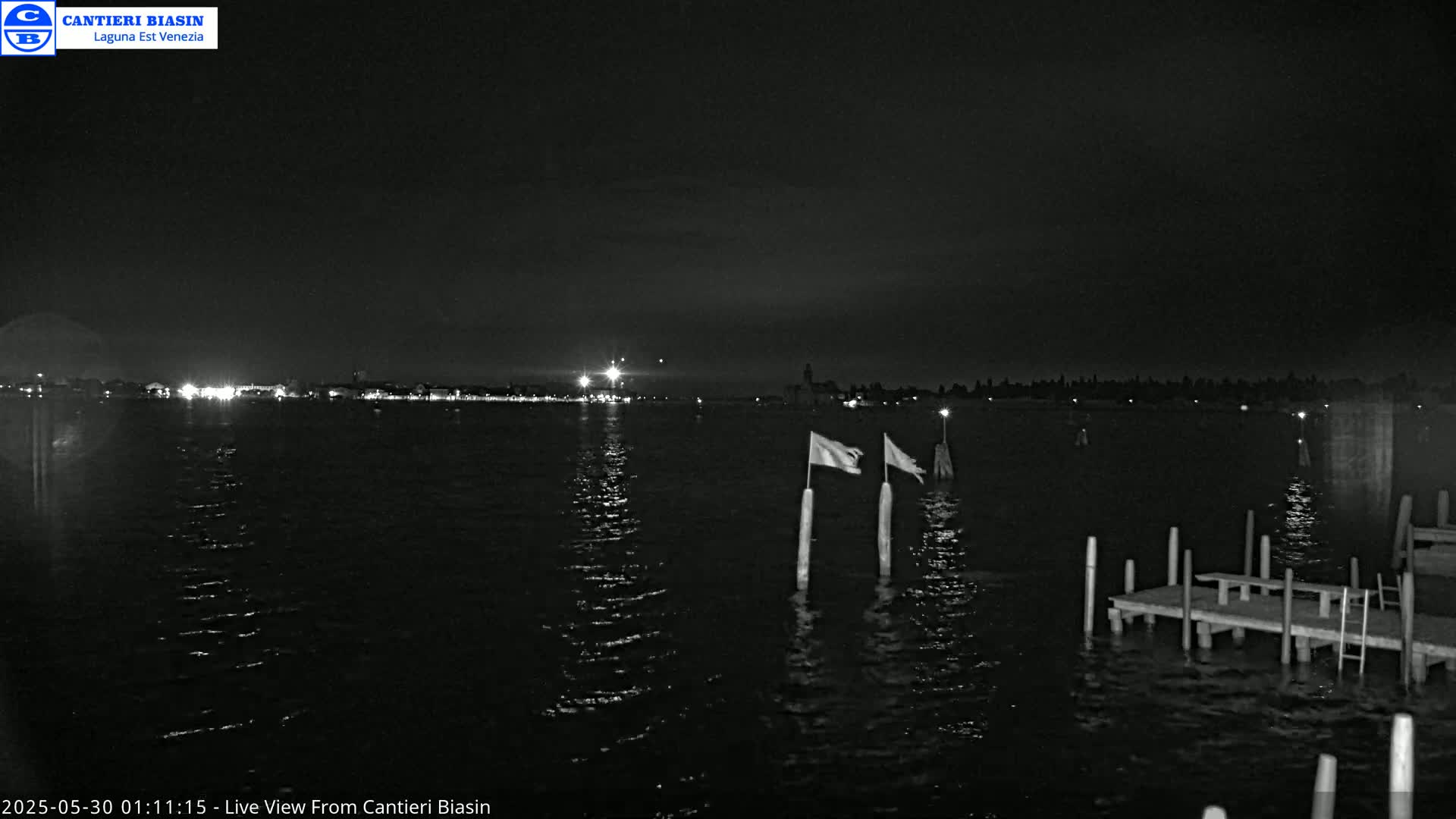 A nighttime view of a dark body of water with a distant, dimly lit cityscape, a small dock, and two flags on posts.